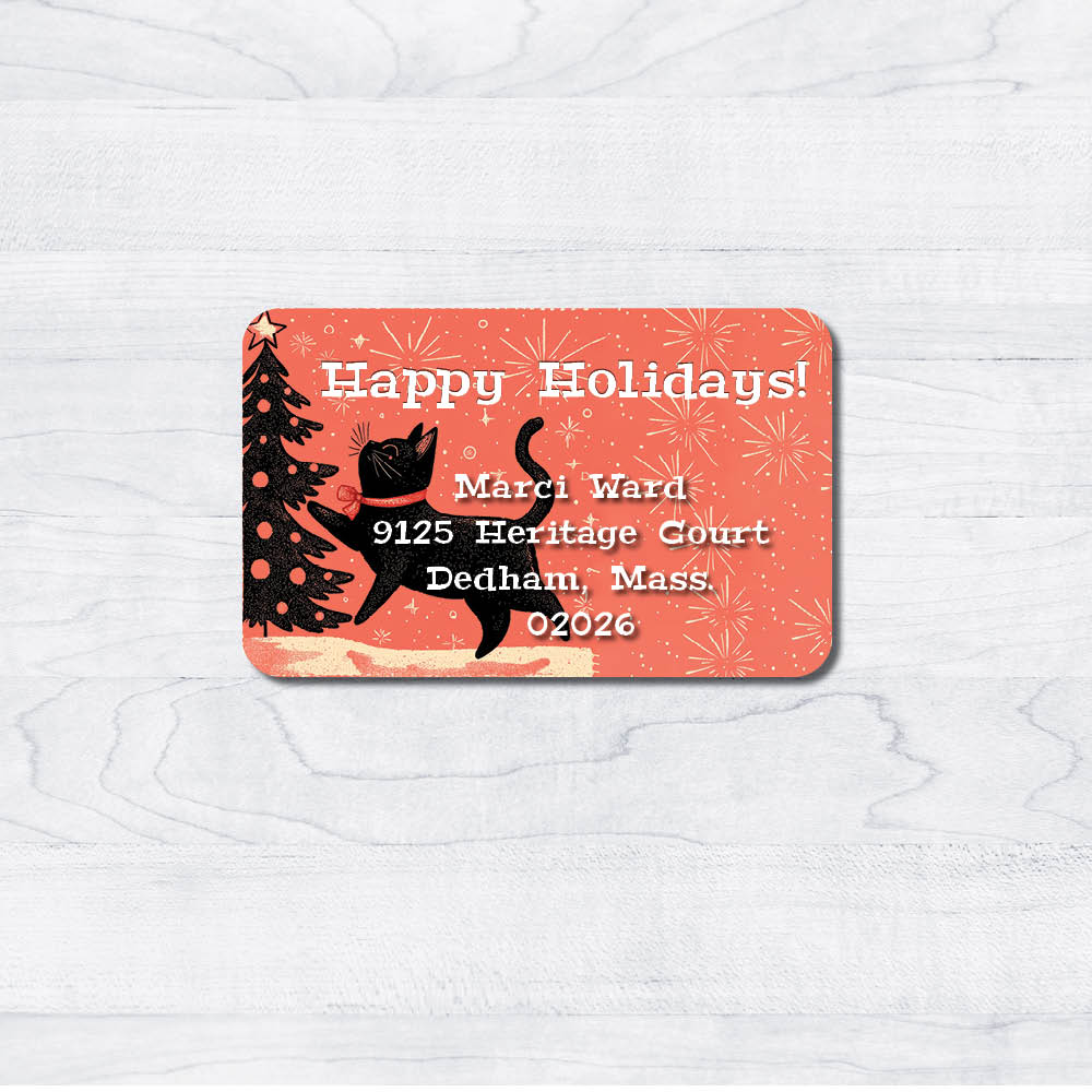 Vintage black cat touching christmas tree return address labels.