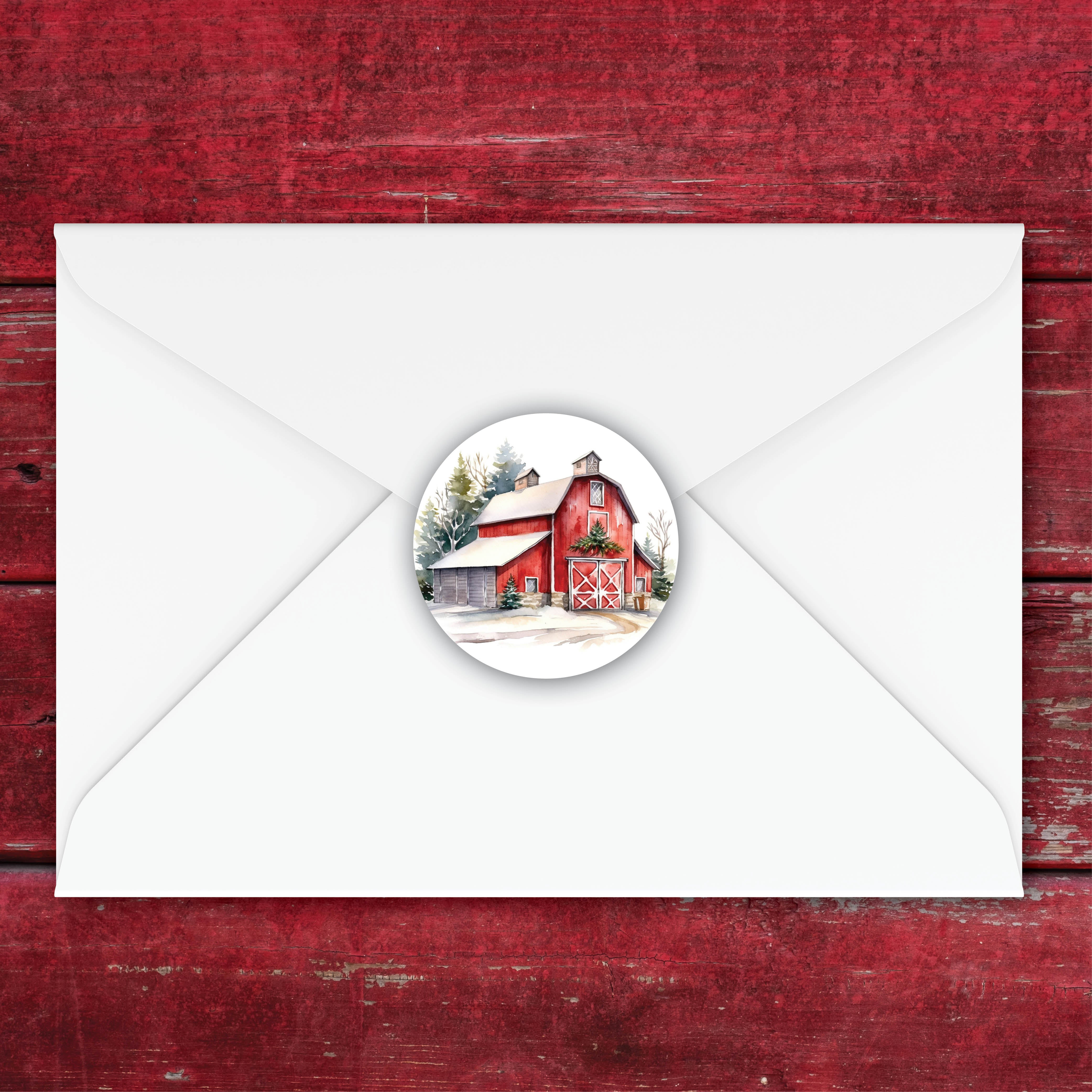 Red Barn Christmas Envelope Seals
