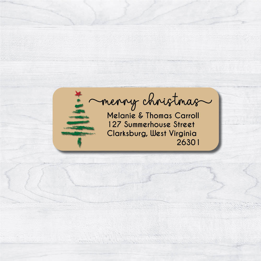 Red and Green Christmas Tree on Brown Kraft Labels 2.625 x 1