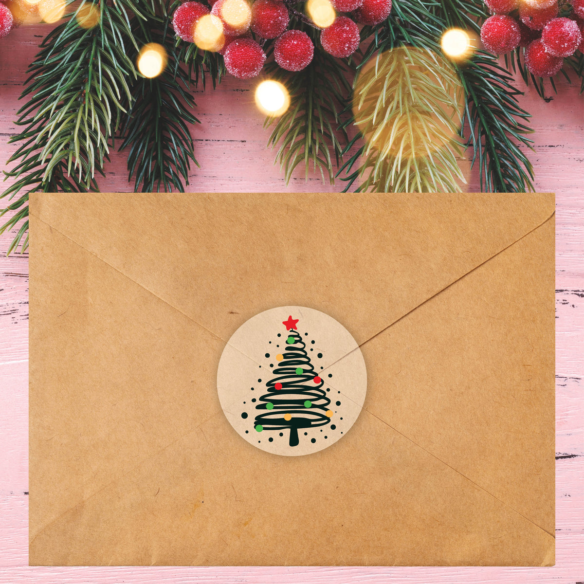 Colorful Swirly Christmas Trees Envelope Seals on Clear