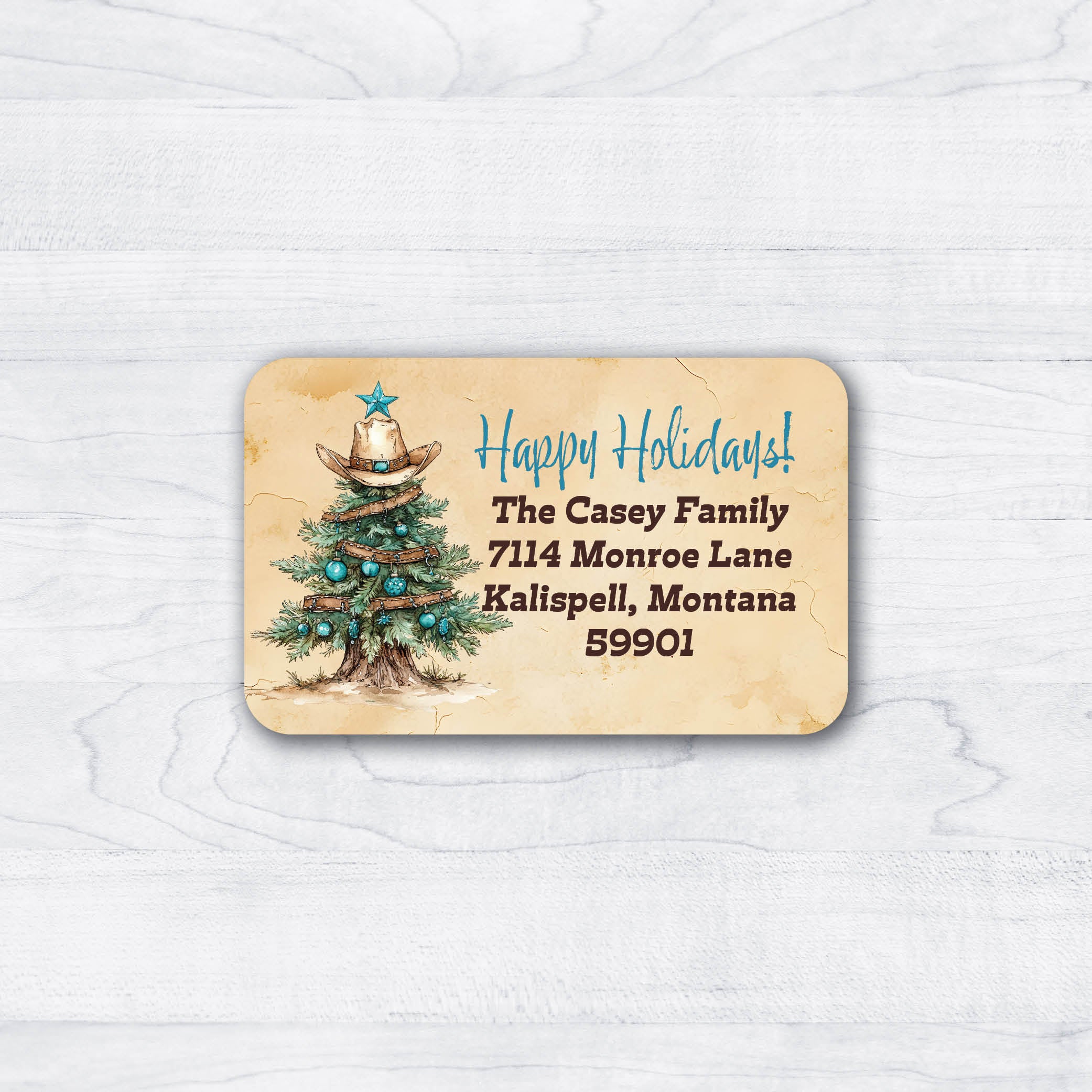 Christmas tree return address labels with cowboy hat and southwest colors
