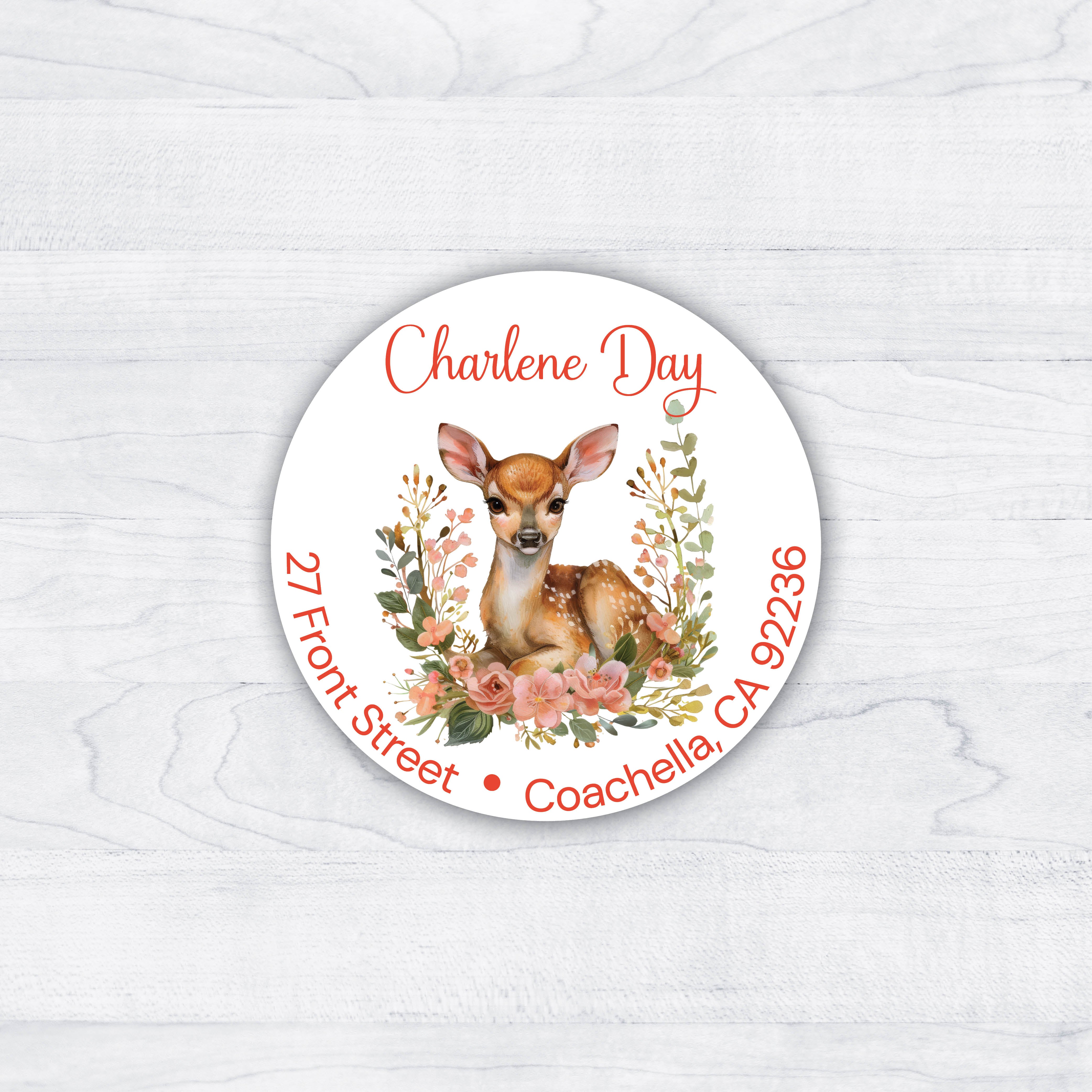 fawn baby deer with flowers on a circular address label