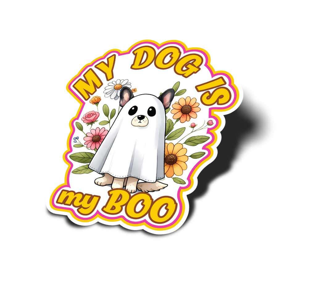 "My Dog is my Boo" Halloween Vinyl Decal, Weatherproof for Laptop, Car, Water Bottle Locker