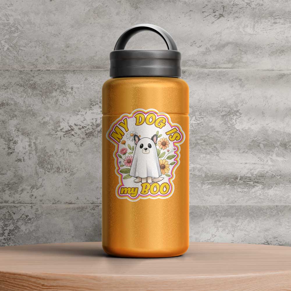 "My Dog is my Boo" Halloween Vinyl Decal, Weatherproof for Laptop, Car, Water Bottle Locker