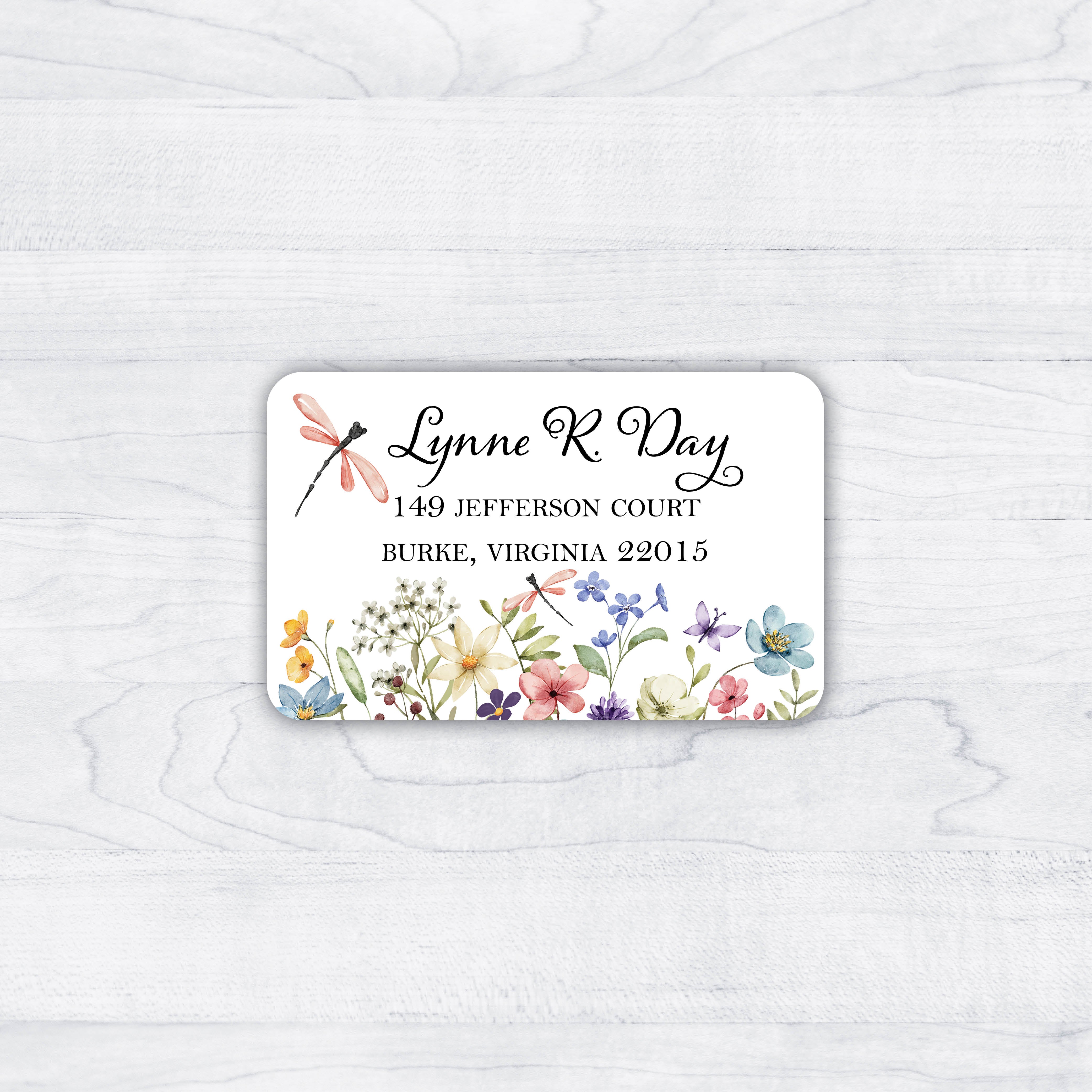 RETURN  address labels with script writing and delicate wildflowers, dragonflies and butterflies