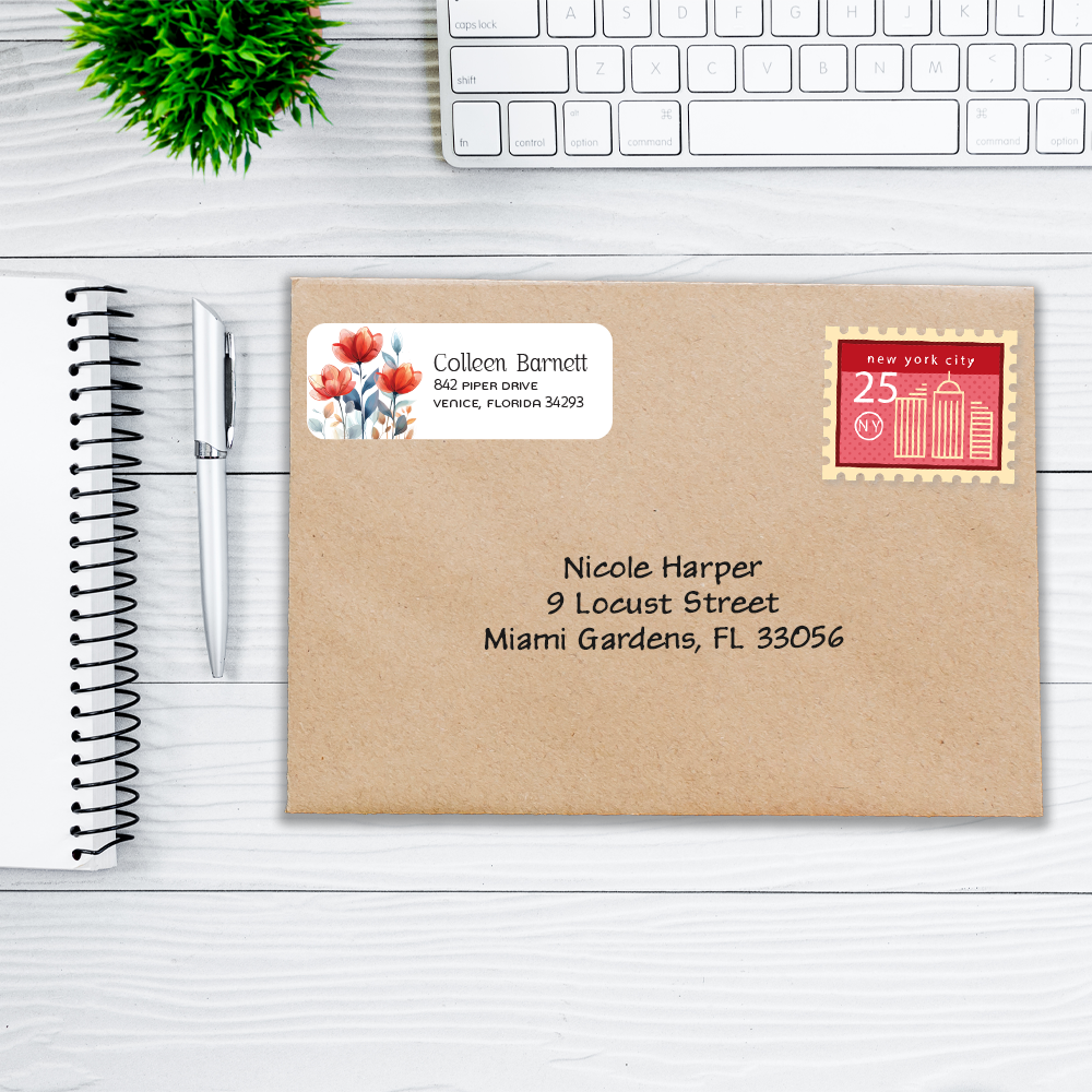 Red and Blue Blossoms Return Address Labels