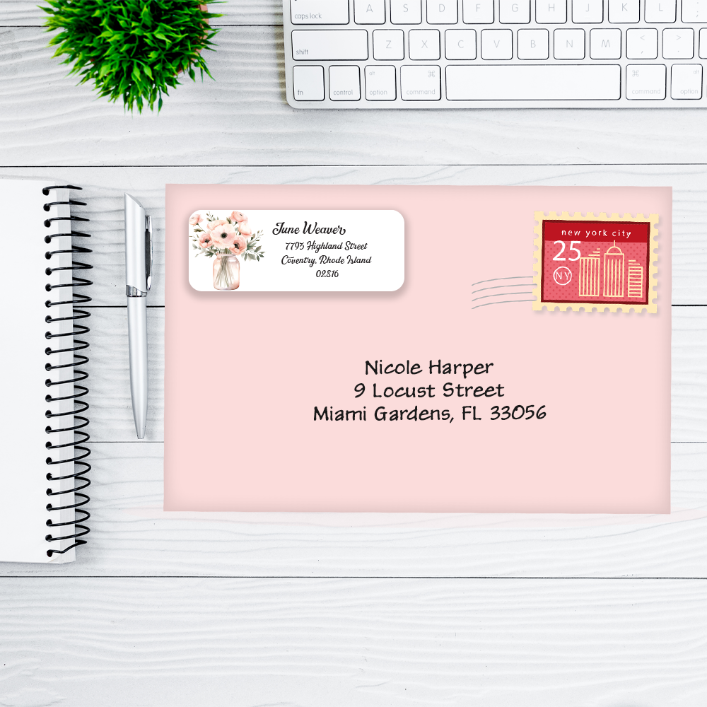 Pink Flowers in Vase Return Address Labels