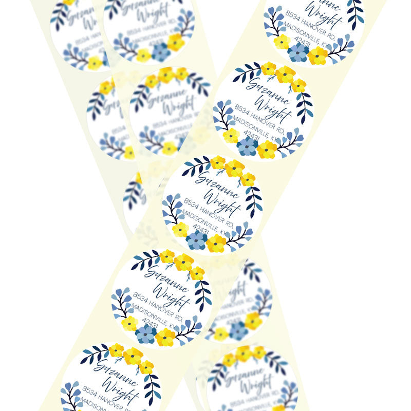 Blue & Yellow Floral Return Address Circle Labels