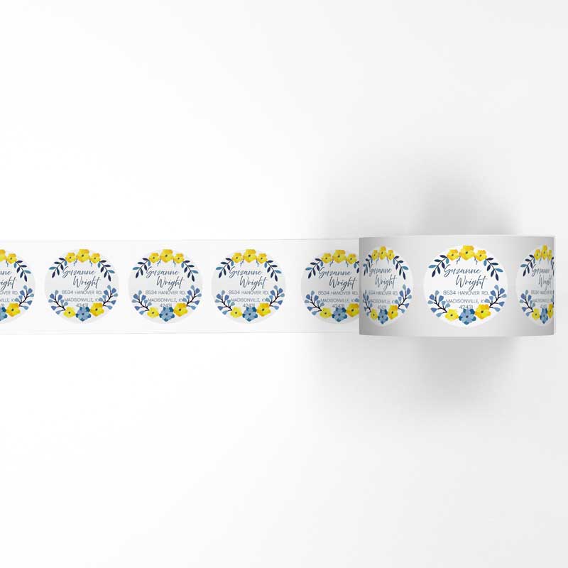 Blue & Yellow Floral Return Address Circle Labels