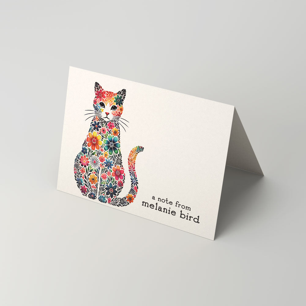 personal notecard with a cat made of flowers on the front and personalized name