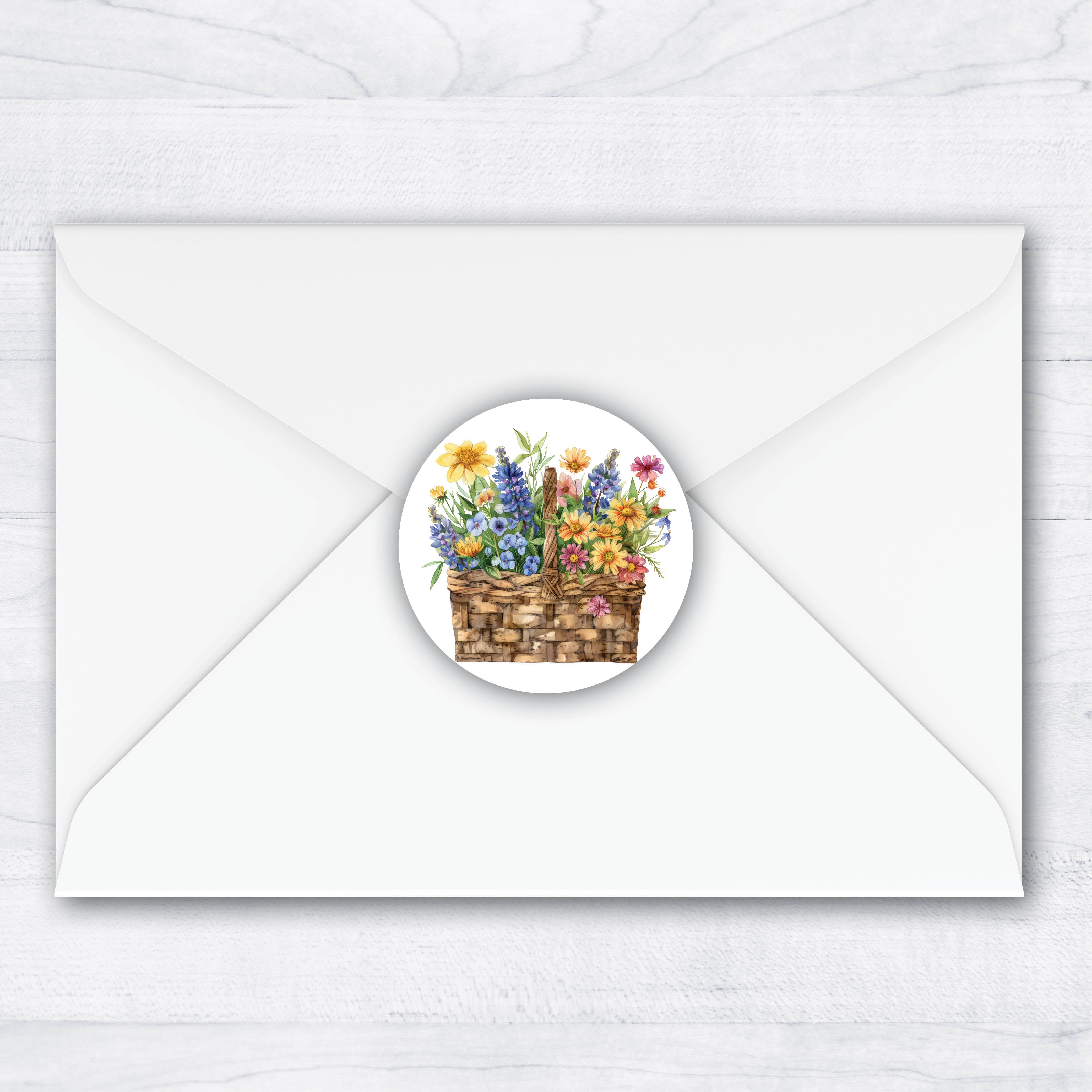 Coordinating envelope seals for flower basket return address labels. A basket full of colorful flowers on a 1.5 inch circle