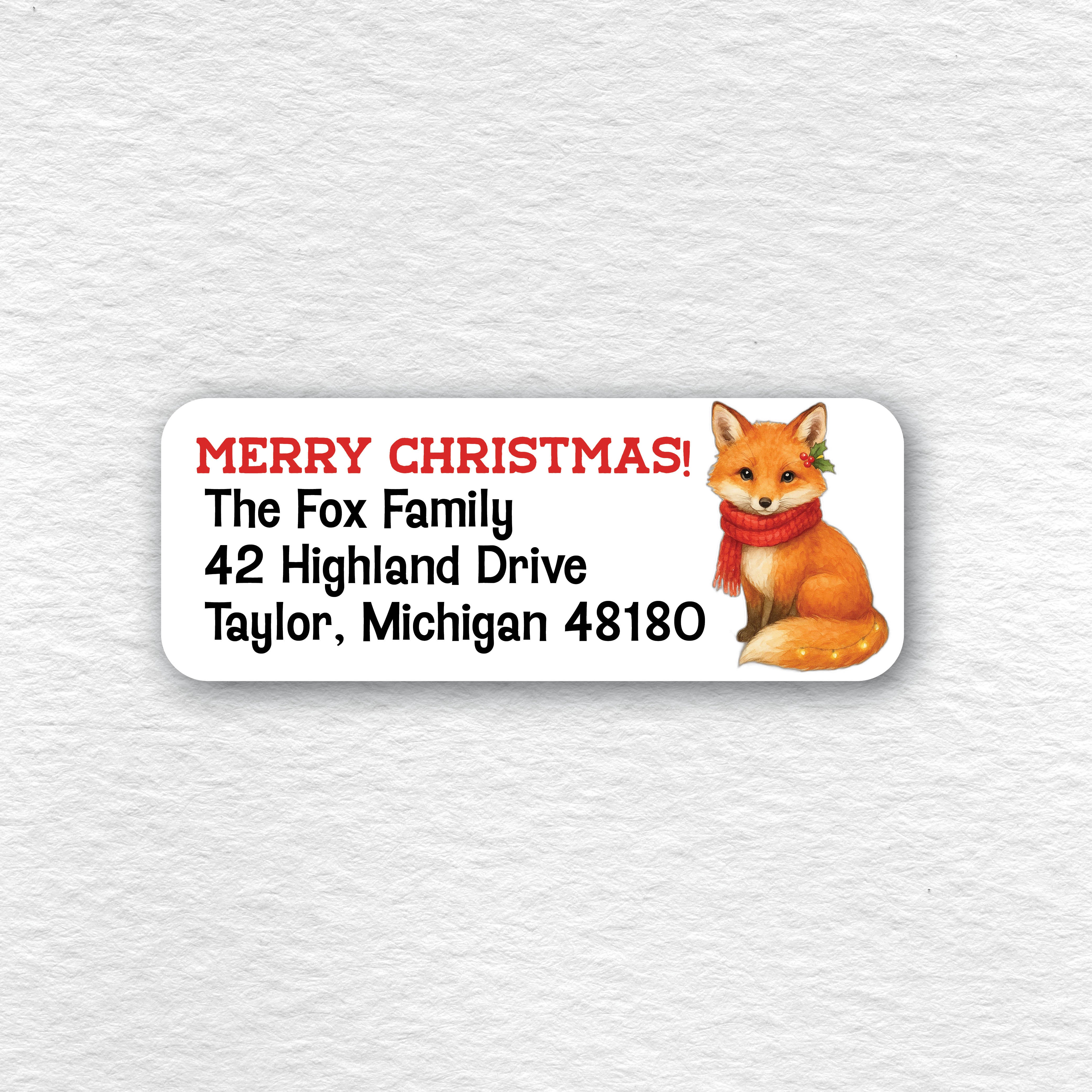 return address labels with a fox wearing a scarf - christmas