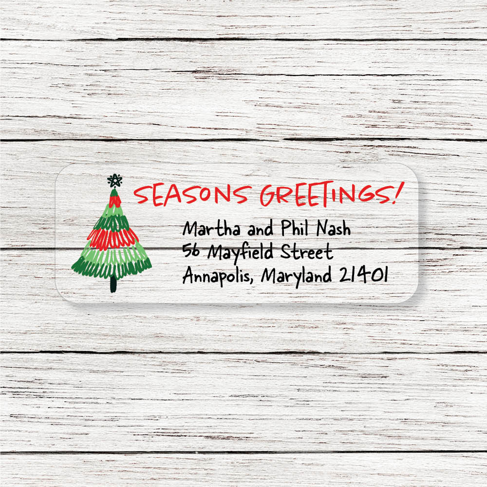 Fun Christmas Tree Clear Return Address Labels Red & green