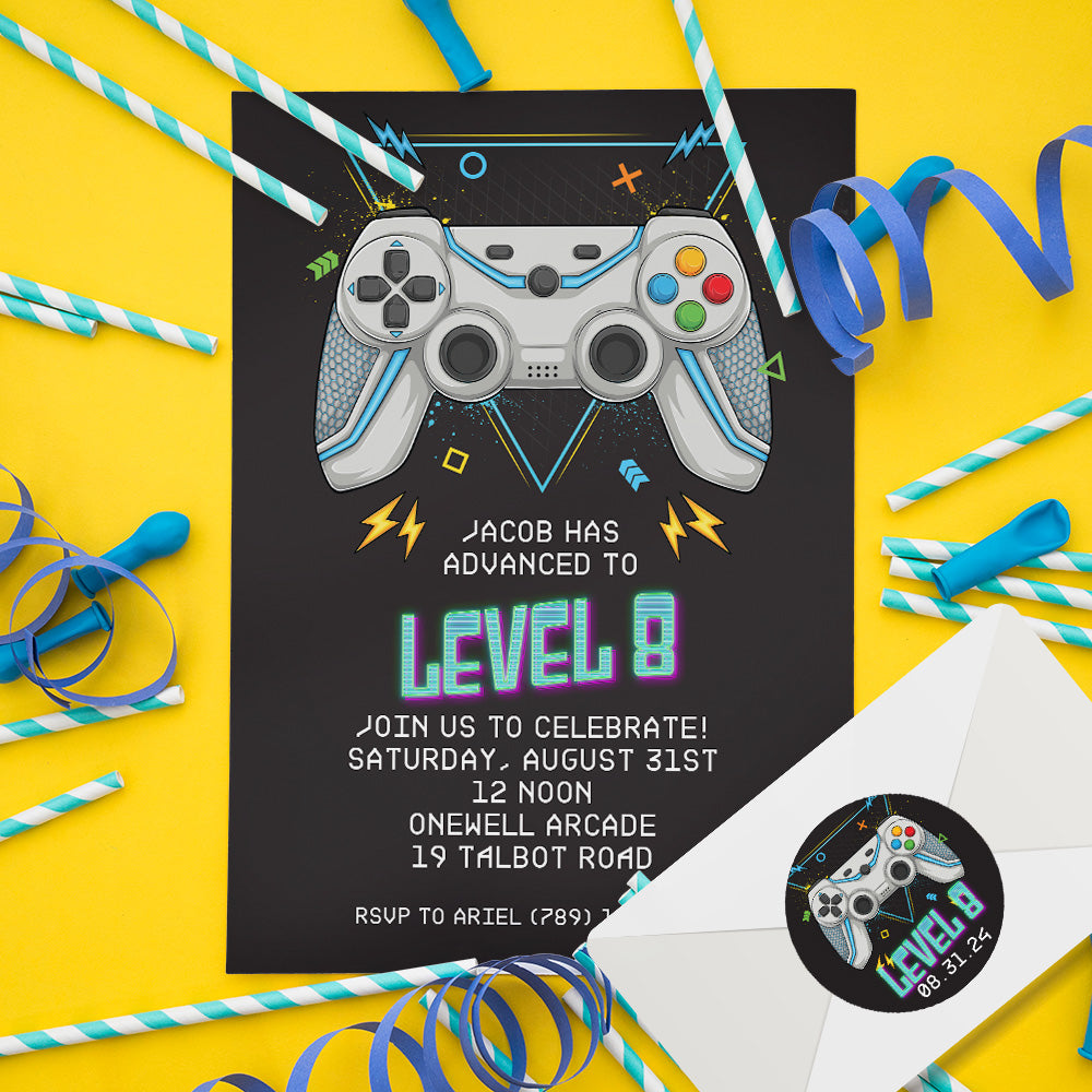 Video Game Birthday Invitations with Envelopes and Stickers.