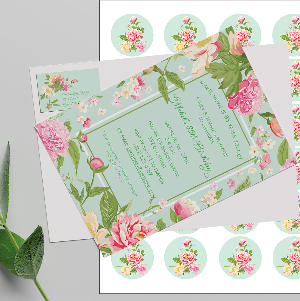 Floral Birthday or Garden Party Invitations with return address labels and envelope seals
