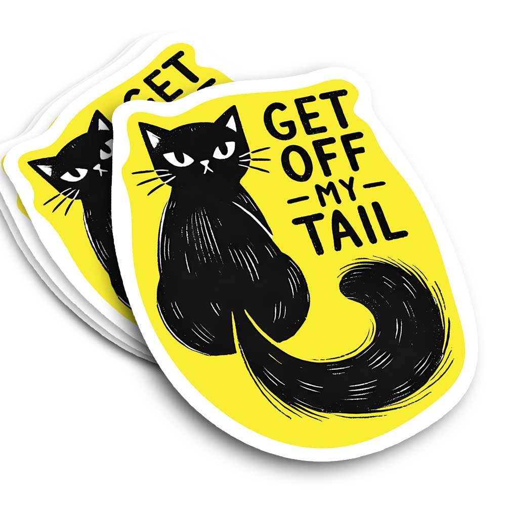 Sticker of a black cat with a big bushy tail saying "get off my tail!" with an angry look in his eyes and a yellow background