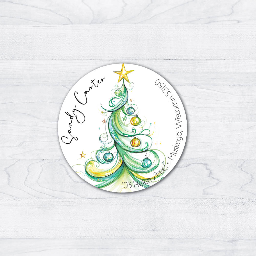 Round Christmas Labels with Elegant Tree