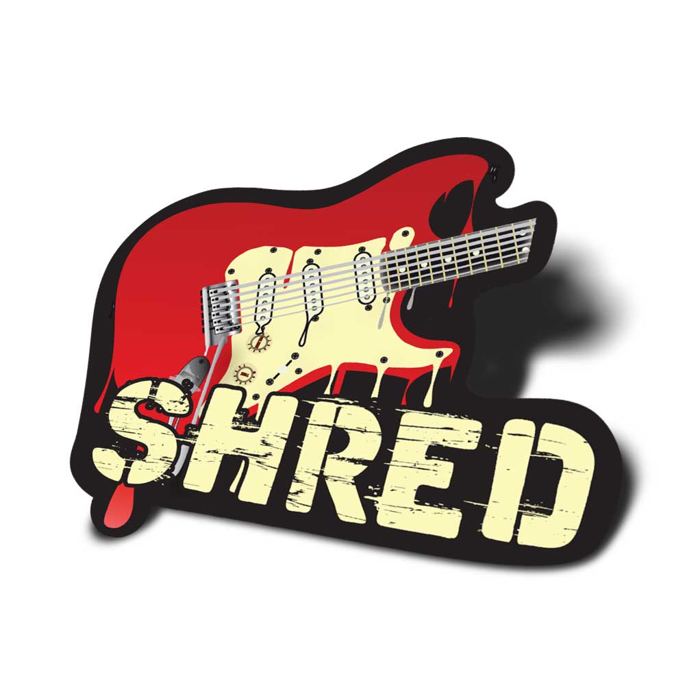 Melting red guitar with the words "shred." vinyl decal