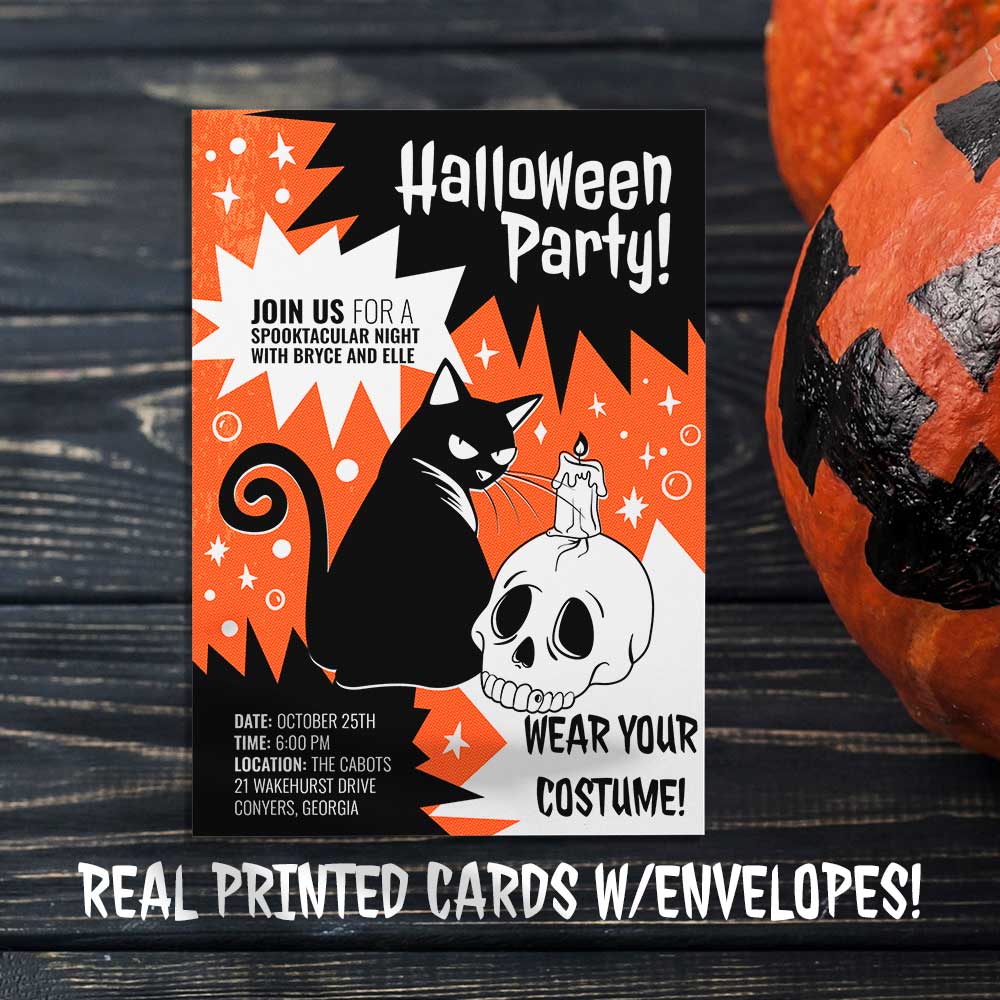 Black Cat Halloween Invitations with Envelopes and Return Address Labels