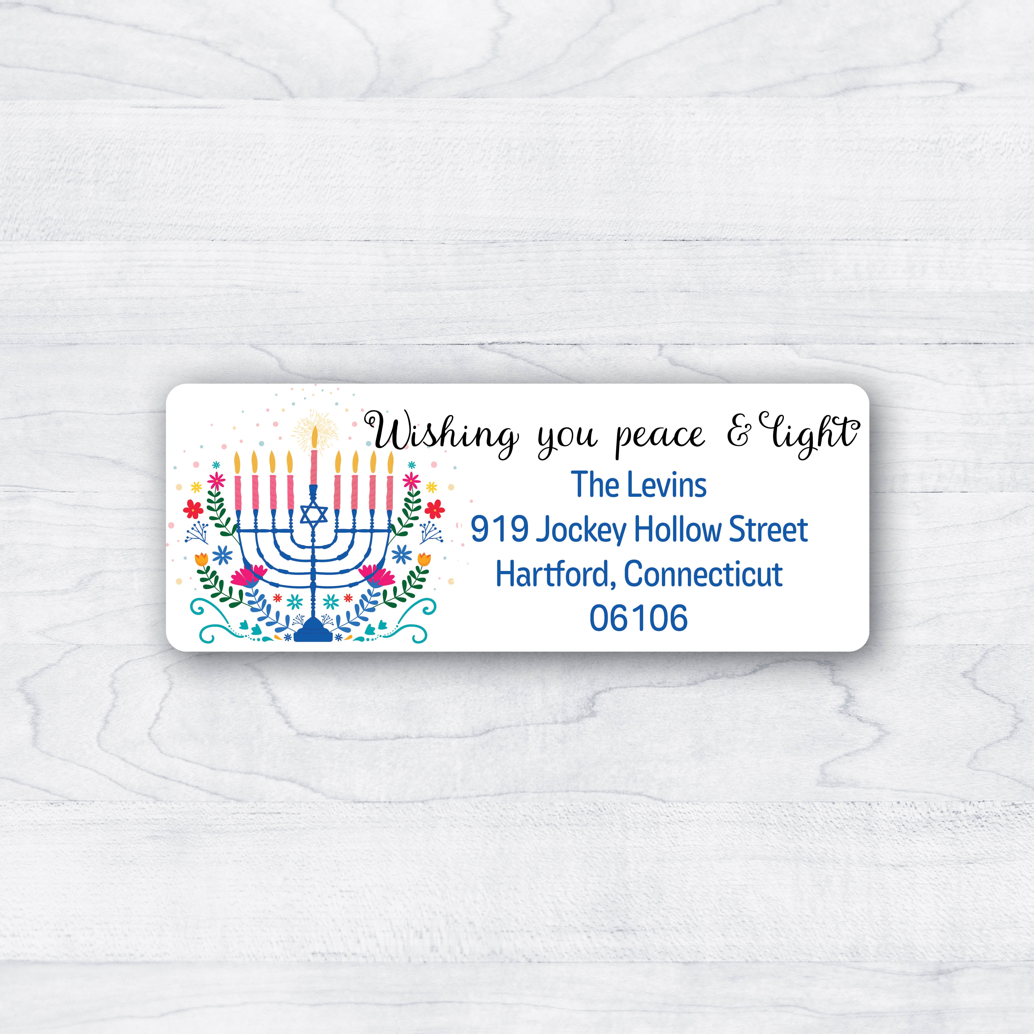 wishing you peace and light colorful hanukkah return address labels

