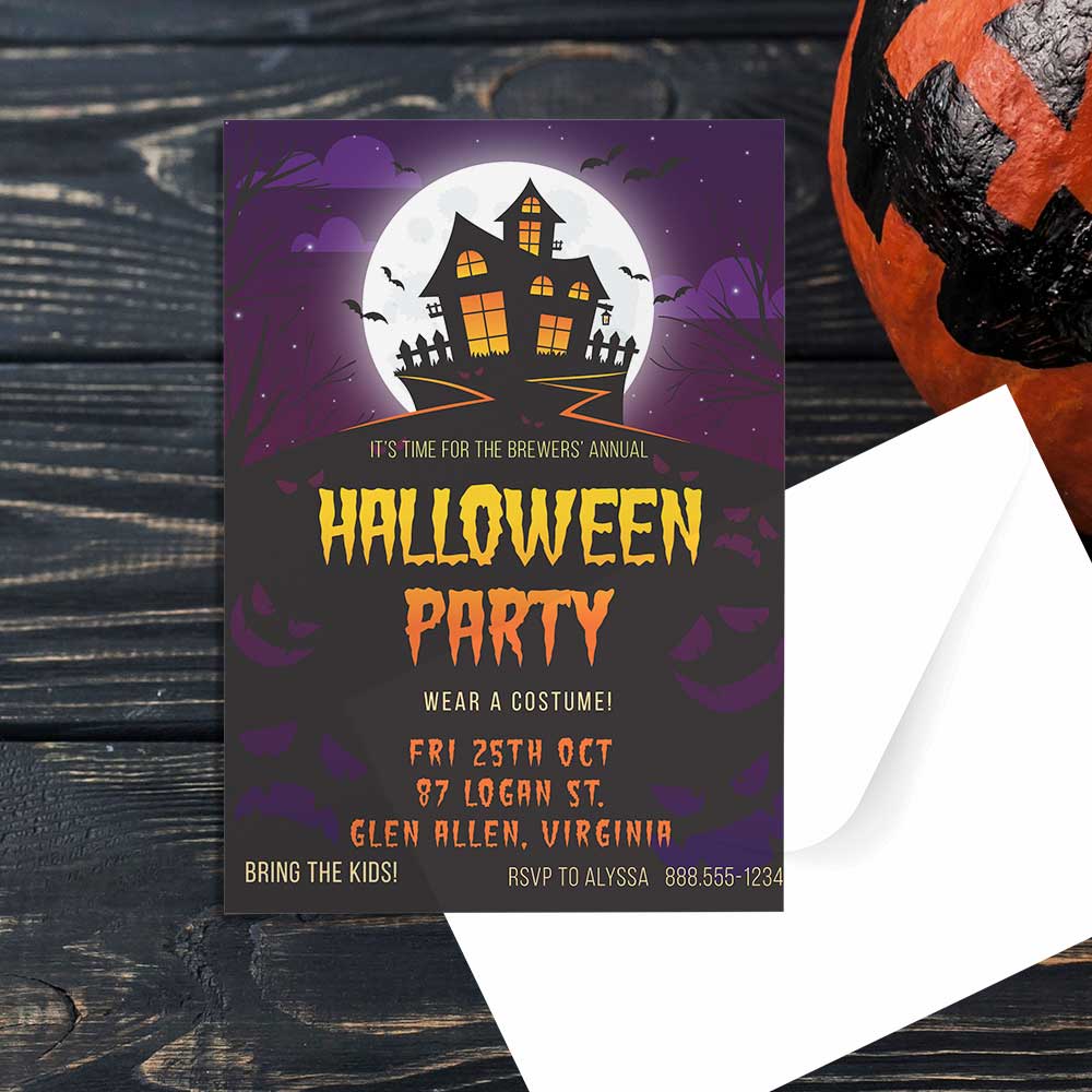 Haunted House Halloween Invitations with Envelopes and Return Address Labels