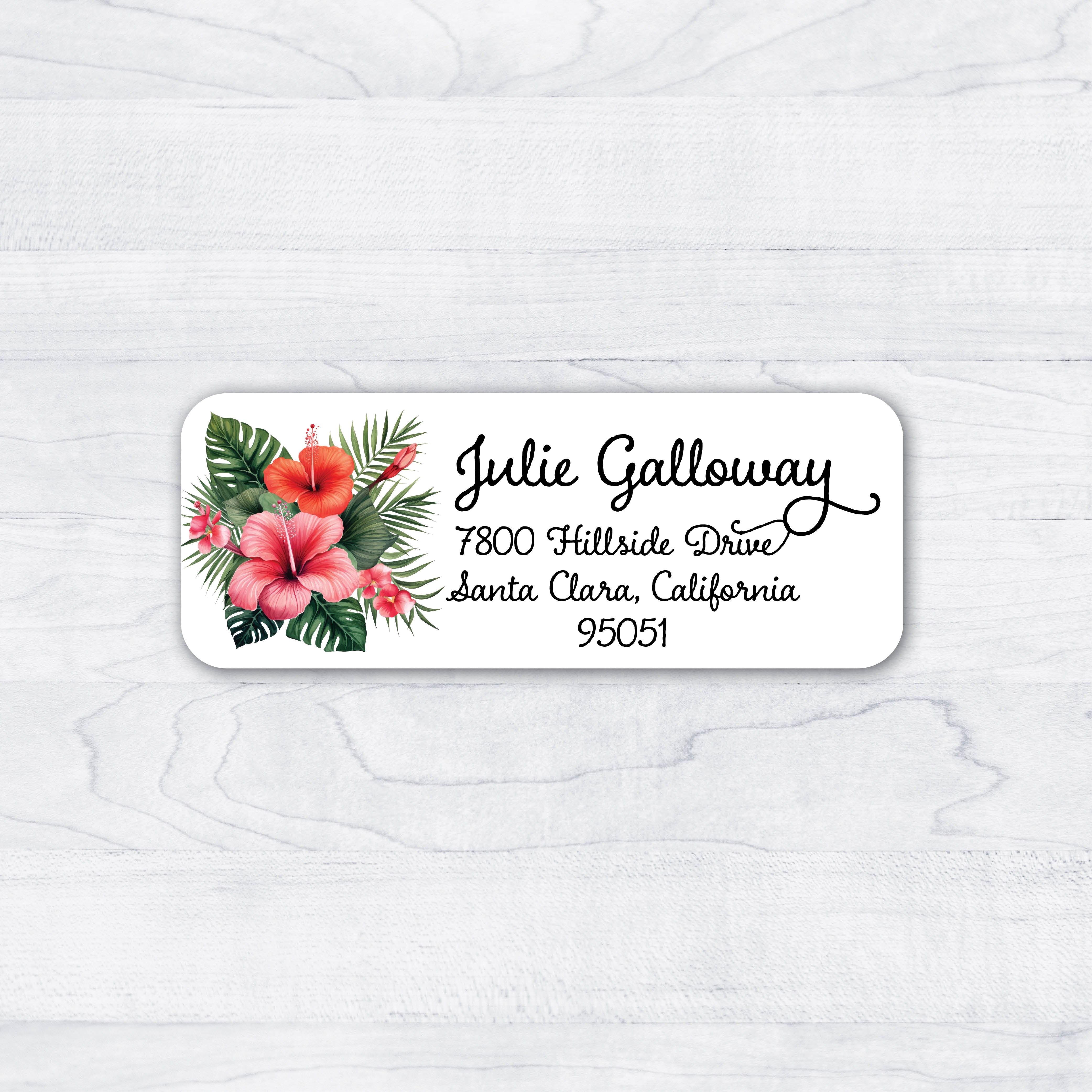 return address labels with pink and orange hibiscus and script writing