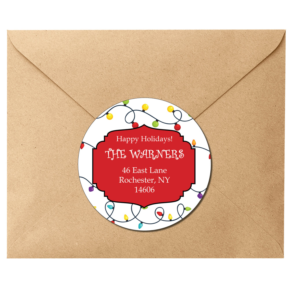 Festive Holiday Lights Round Christmas Return Address Labels