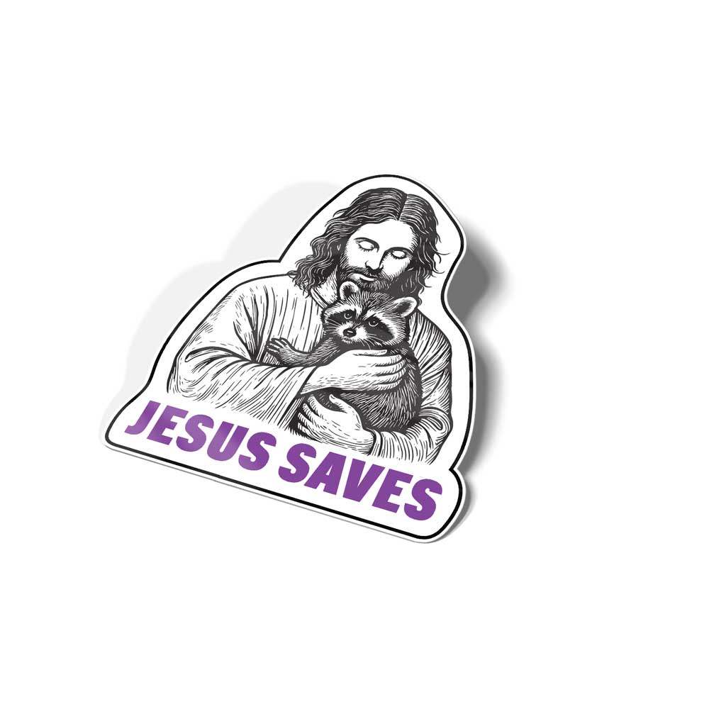 Sticker features Jesus holding a raccoon with purple text underneath saying "Jesus Saves."