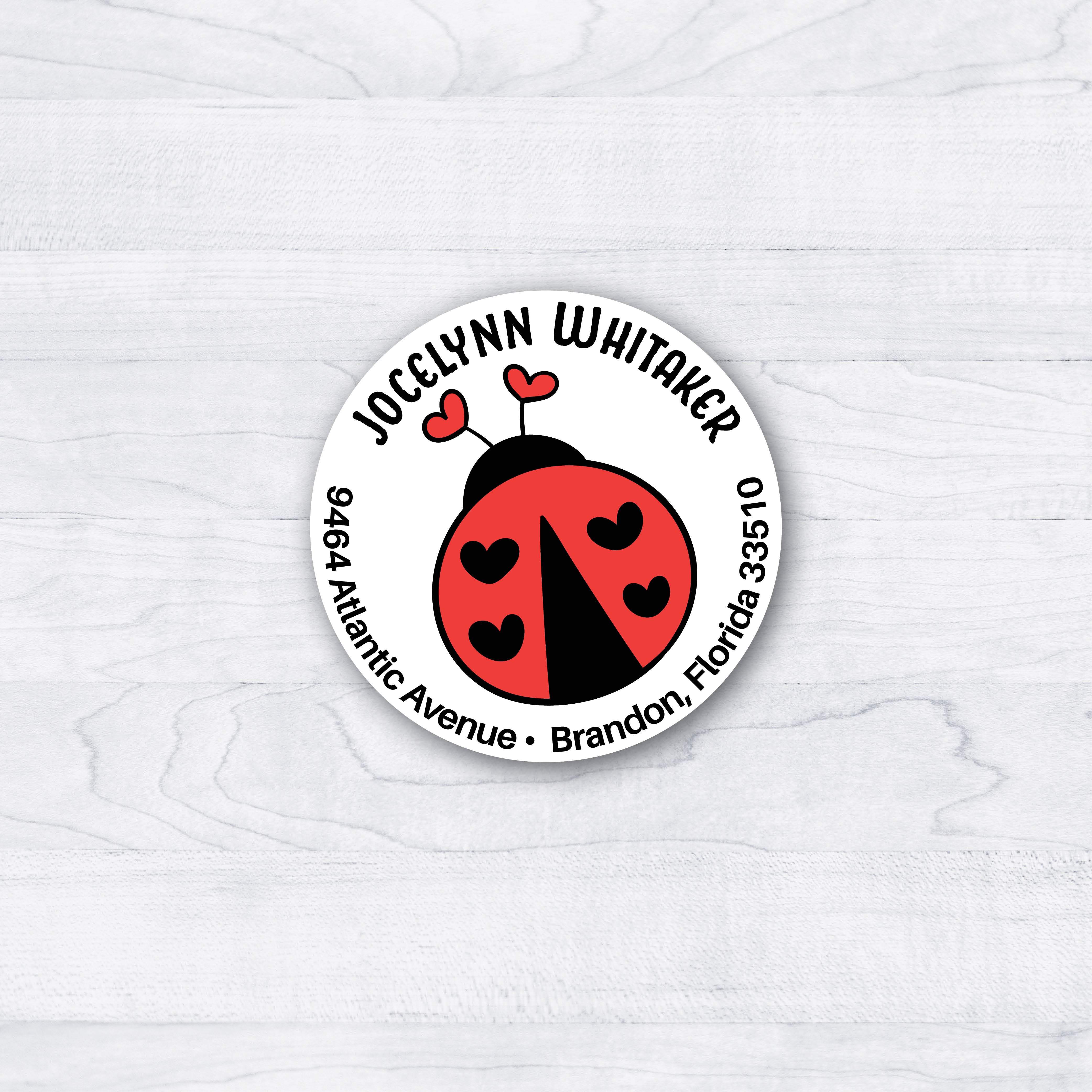 red and black ladybug round return address labels