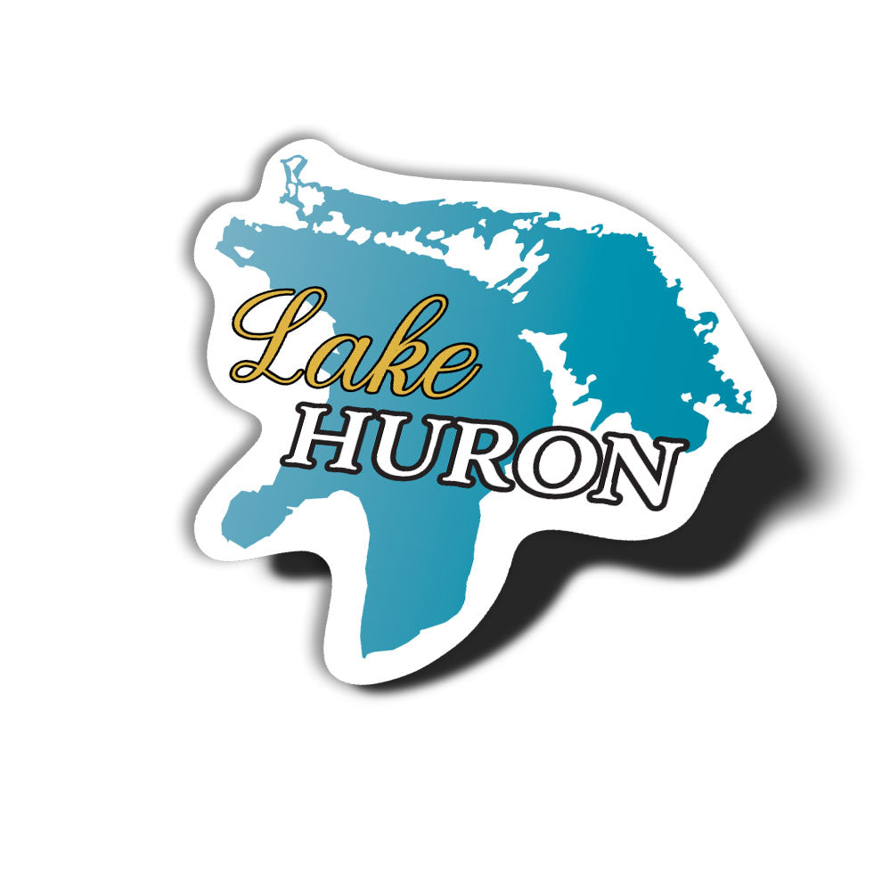 Lake Huron viny sticker with a map of the lake overlaid with the words "Lake Huron."