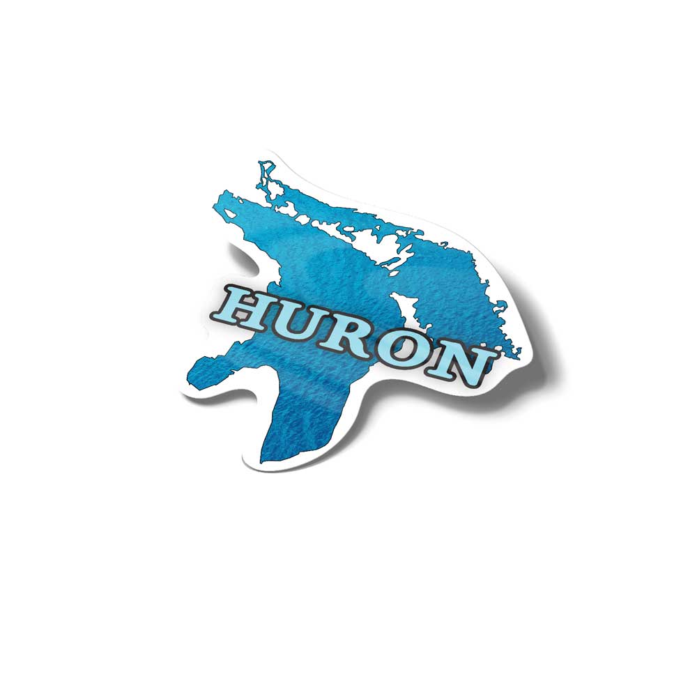 lake huron sticker with blue water and block letters vinyl decal