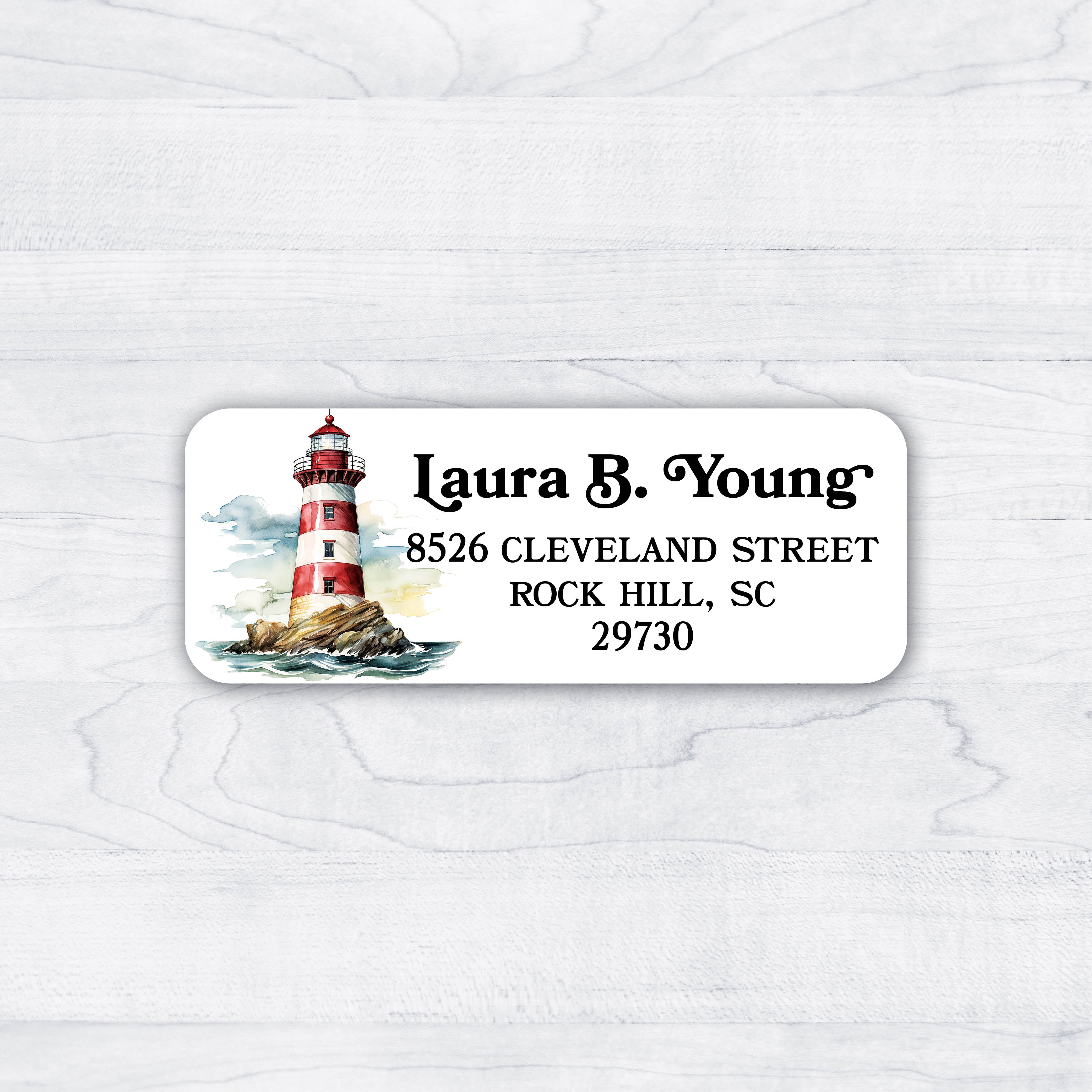 ocean lighthouse red white rocks coastal return address labels.