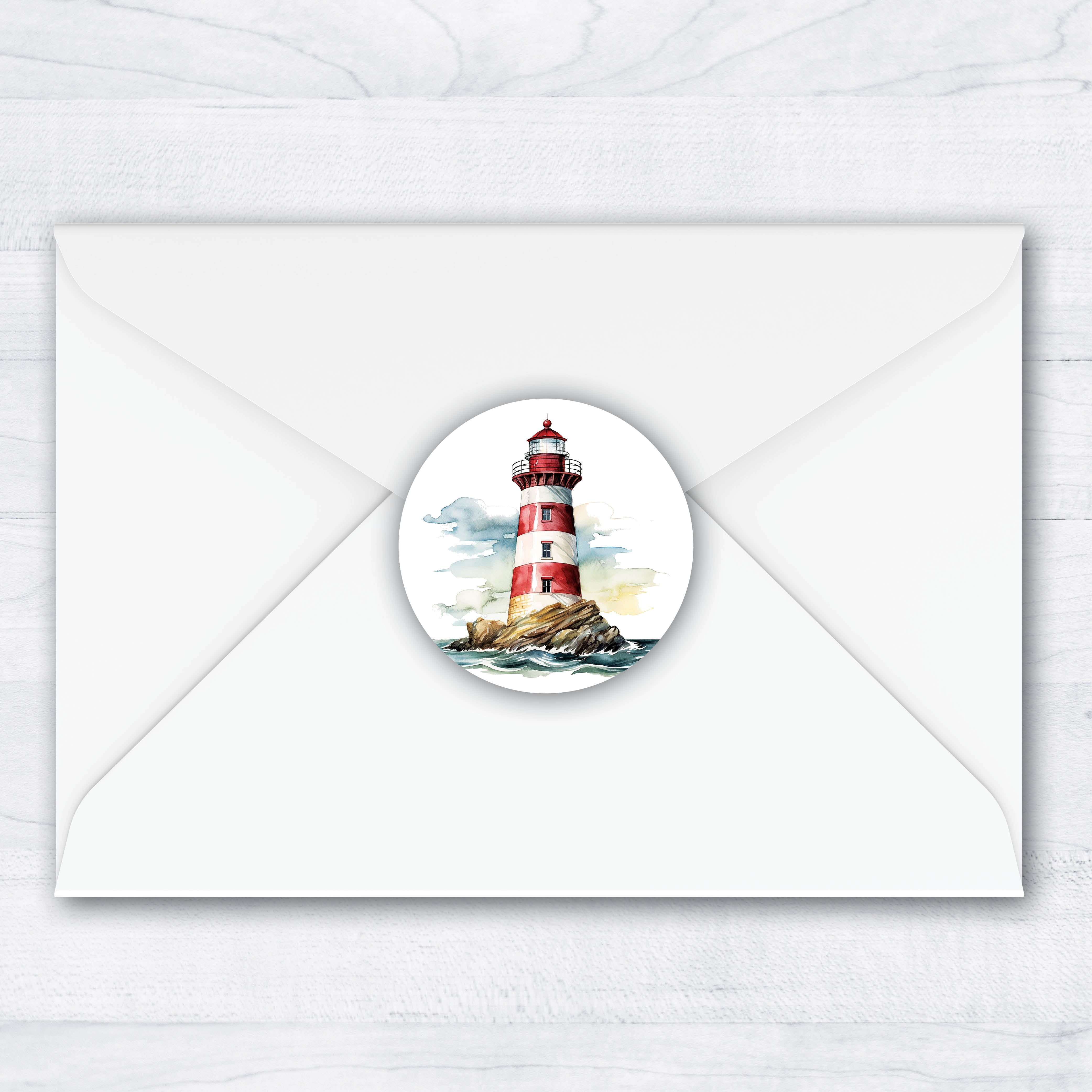red and white lighthouse on a rock in the ocean return address labels
