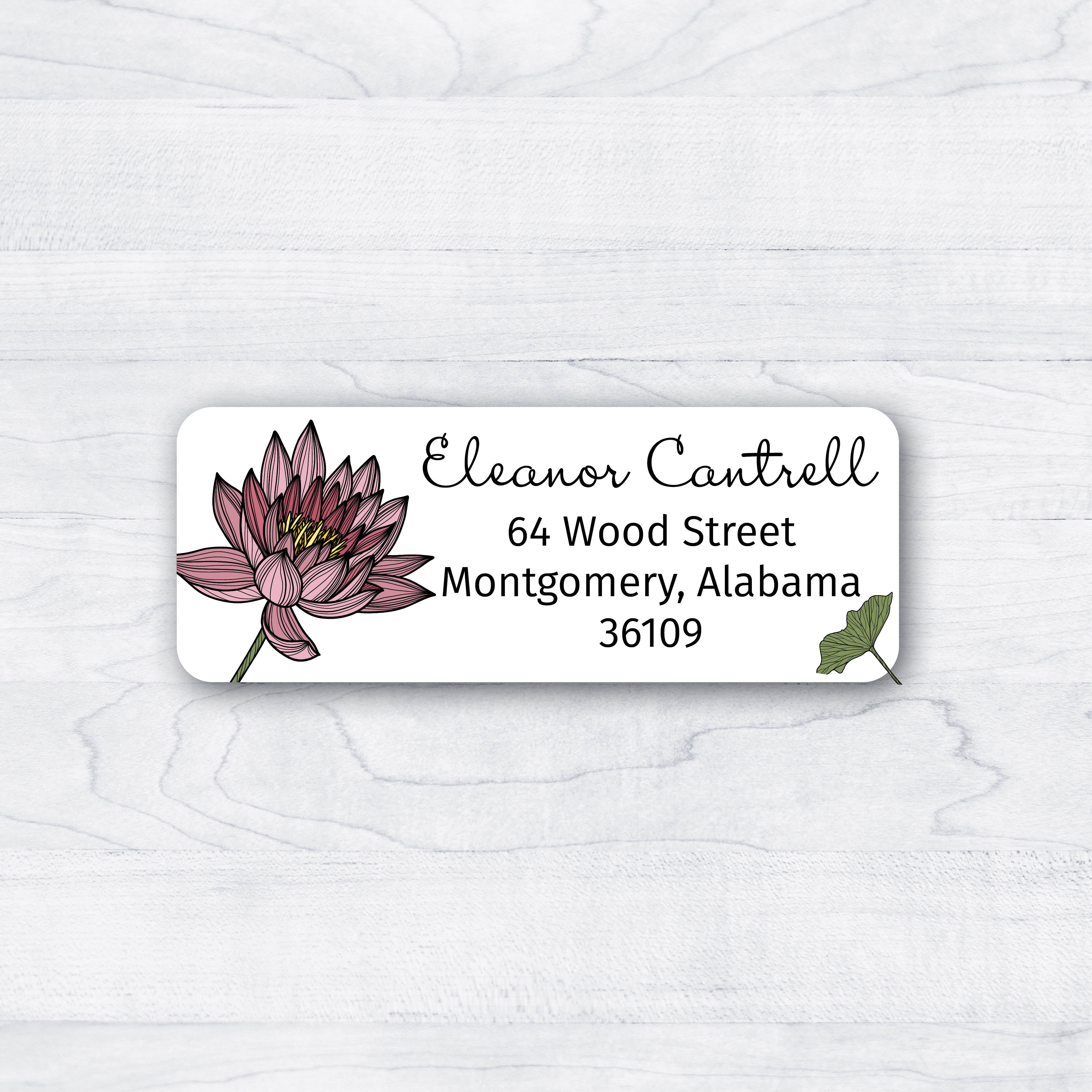 return address labels with pink lotus, leaves and script type.