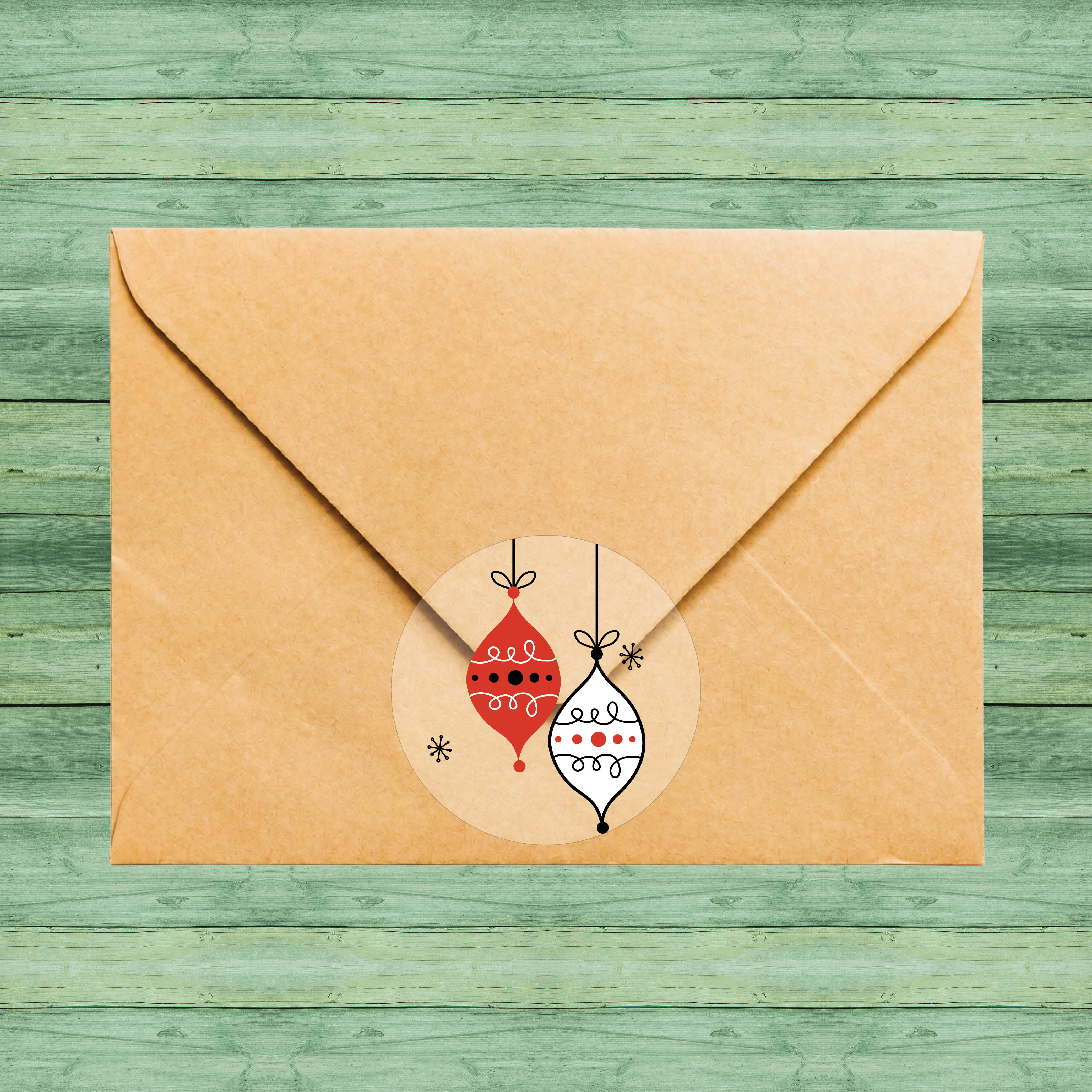 Modern Christmas ornament envelope seals on clear stickers