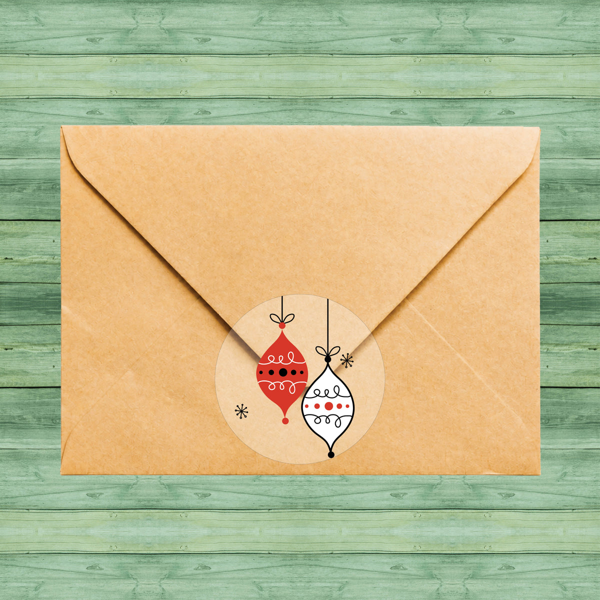 Modern Christmas ornament envelope seals on clear stickers