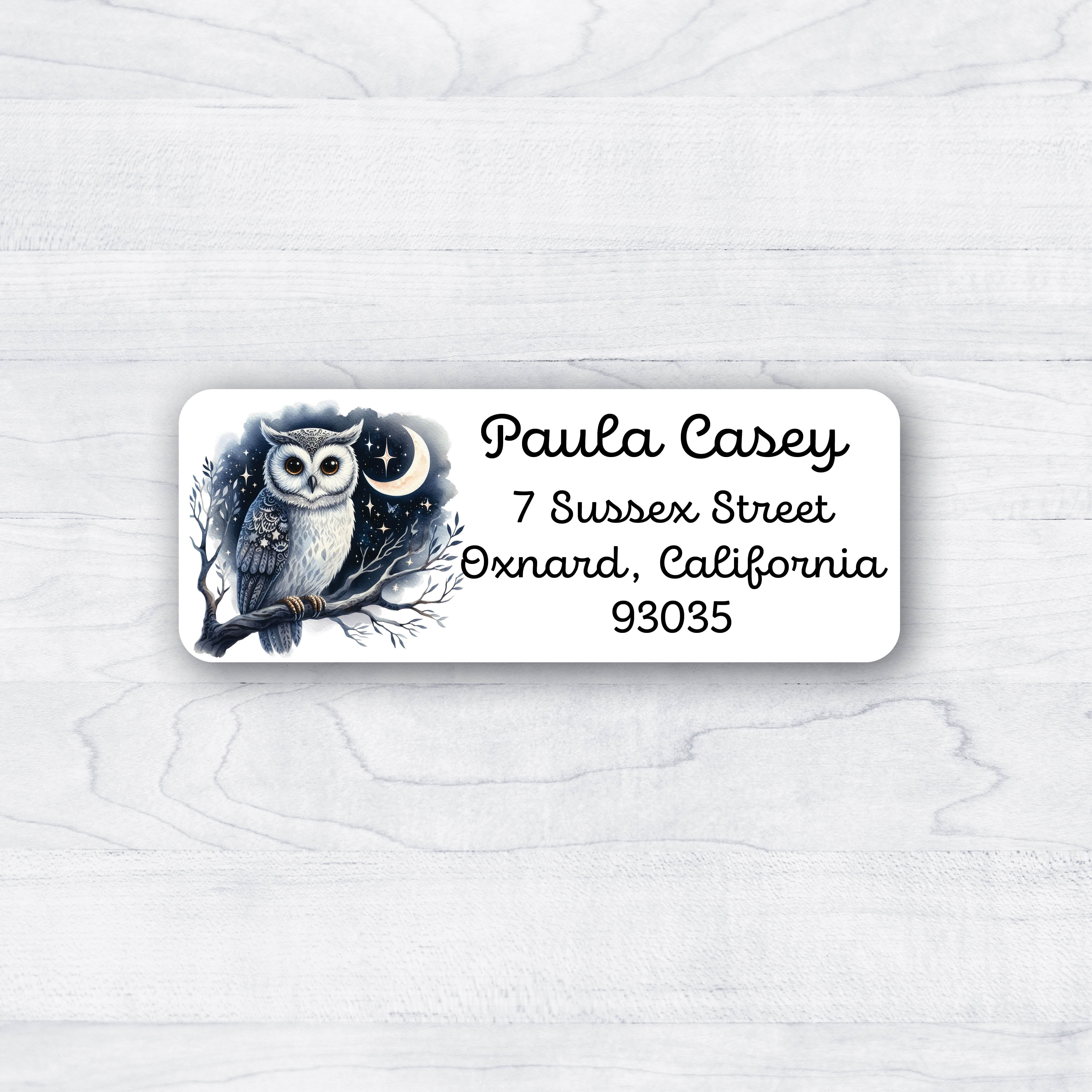 gray owl on a branch with stars in background return address label