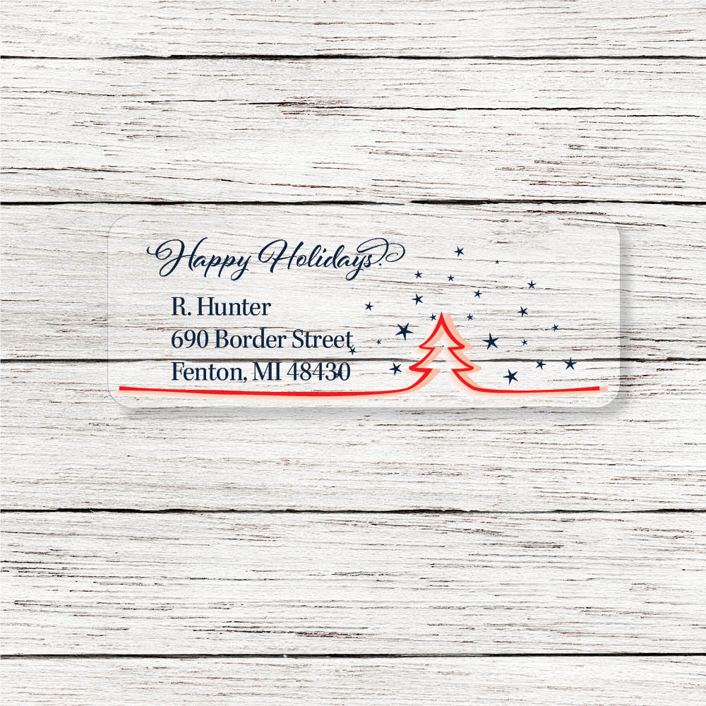 Red White & Blue Christmas Tree Clear Return Address Labels