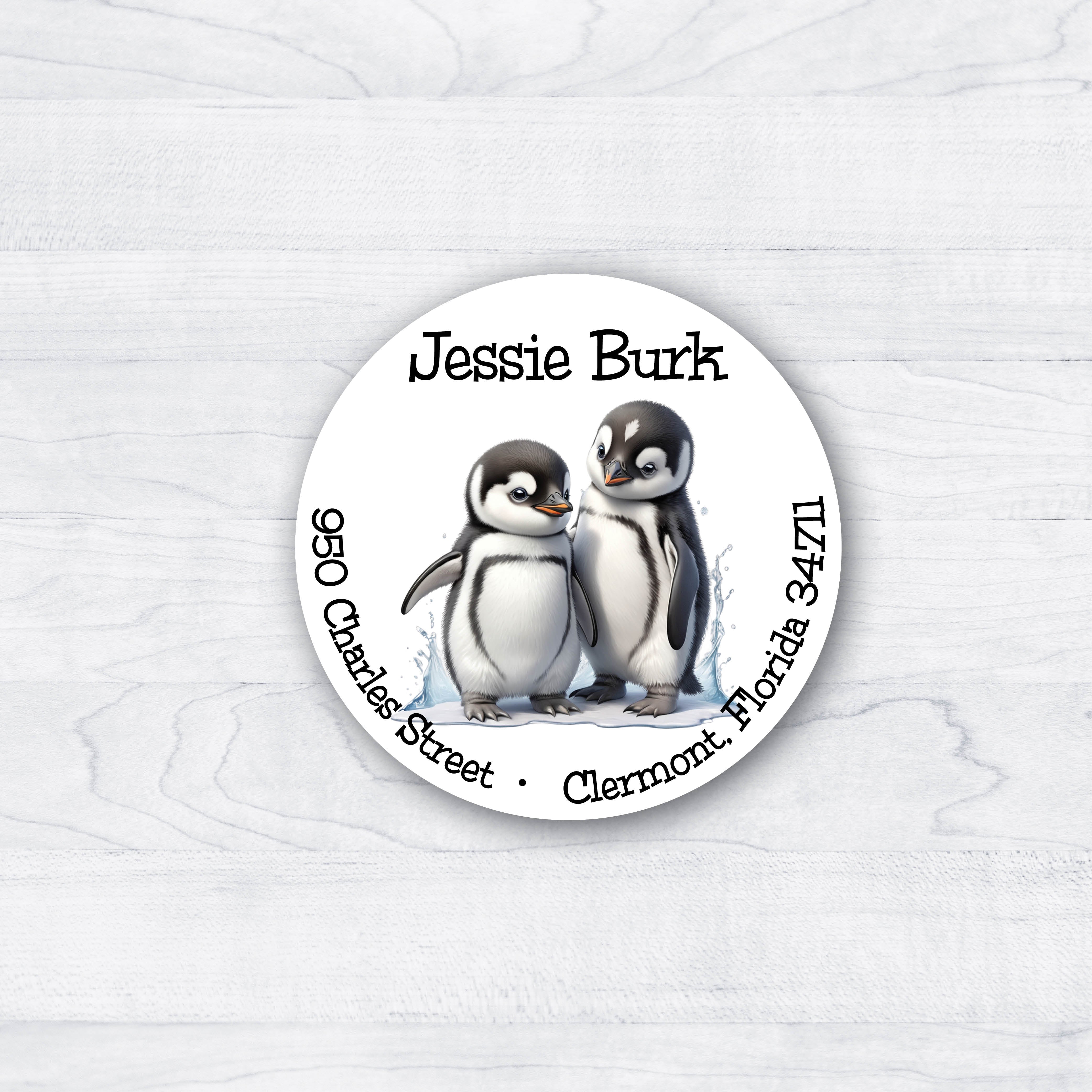 penguin chicks on round return address labels