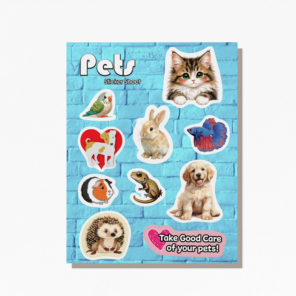 Sticker sheet with a variety of domesticated pets 