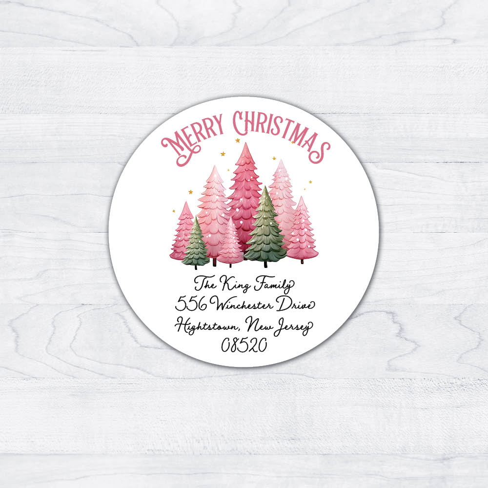 Pink & Green Trees Round Christmas Labels