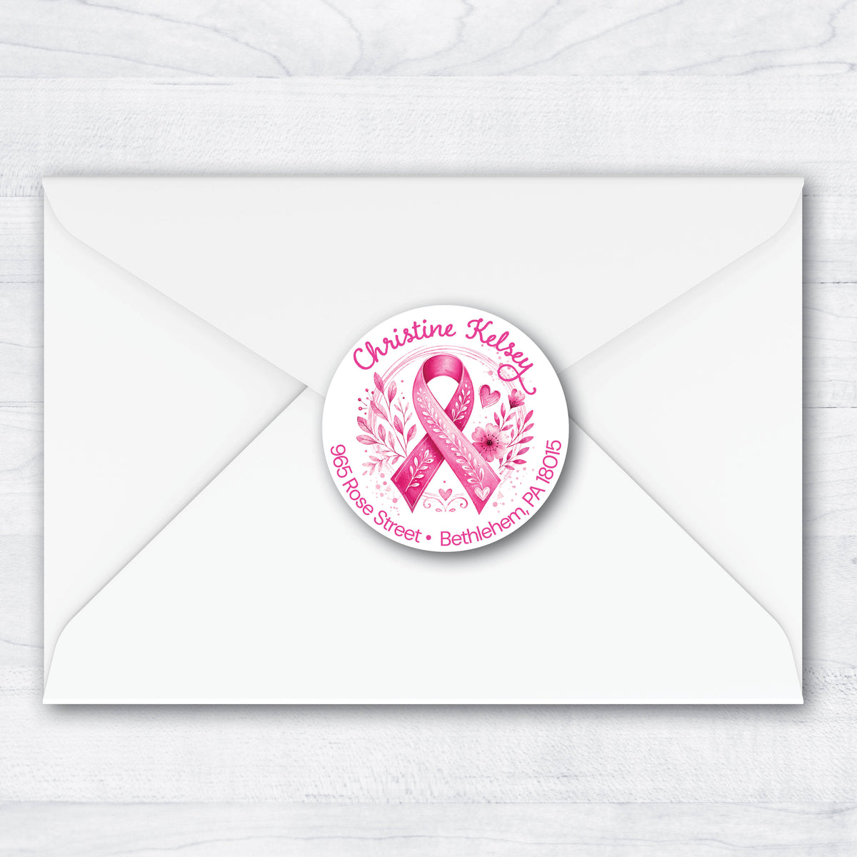 Pink Ribbon Round Return Address Labels