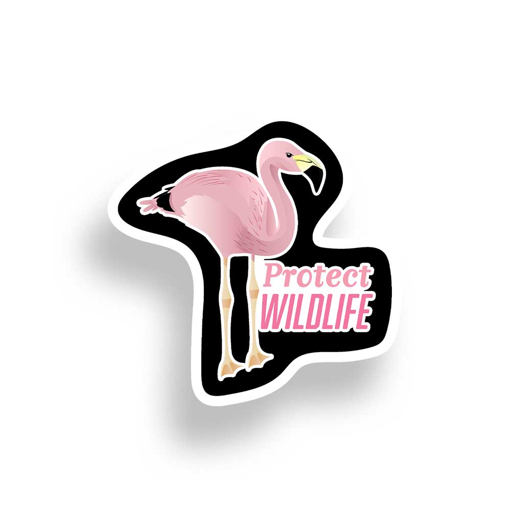 Sticker with a pink flamingo and 'Protect Wildlife' text on a white background