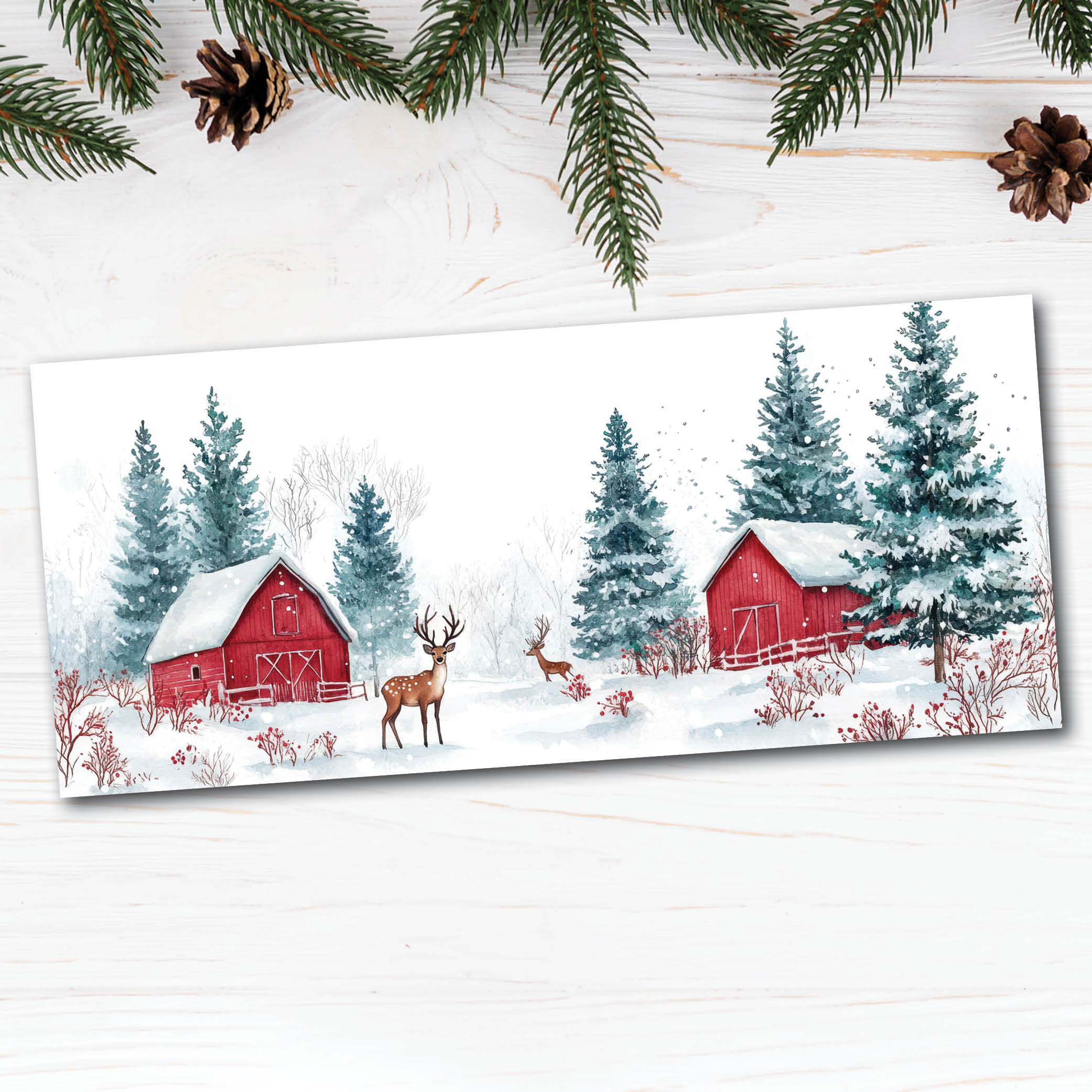 the front of the card  features a rustic red barn nestled among snow-covered evergreens, with two deer standing quietly in the snowy foreground. 