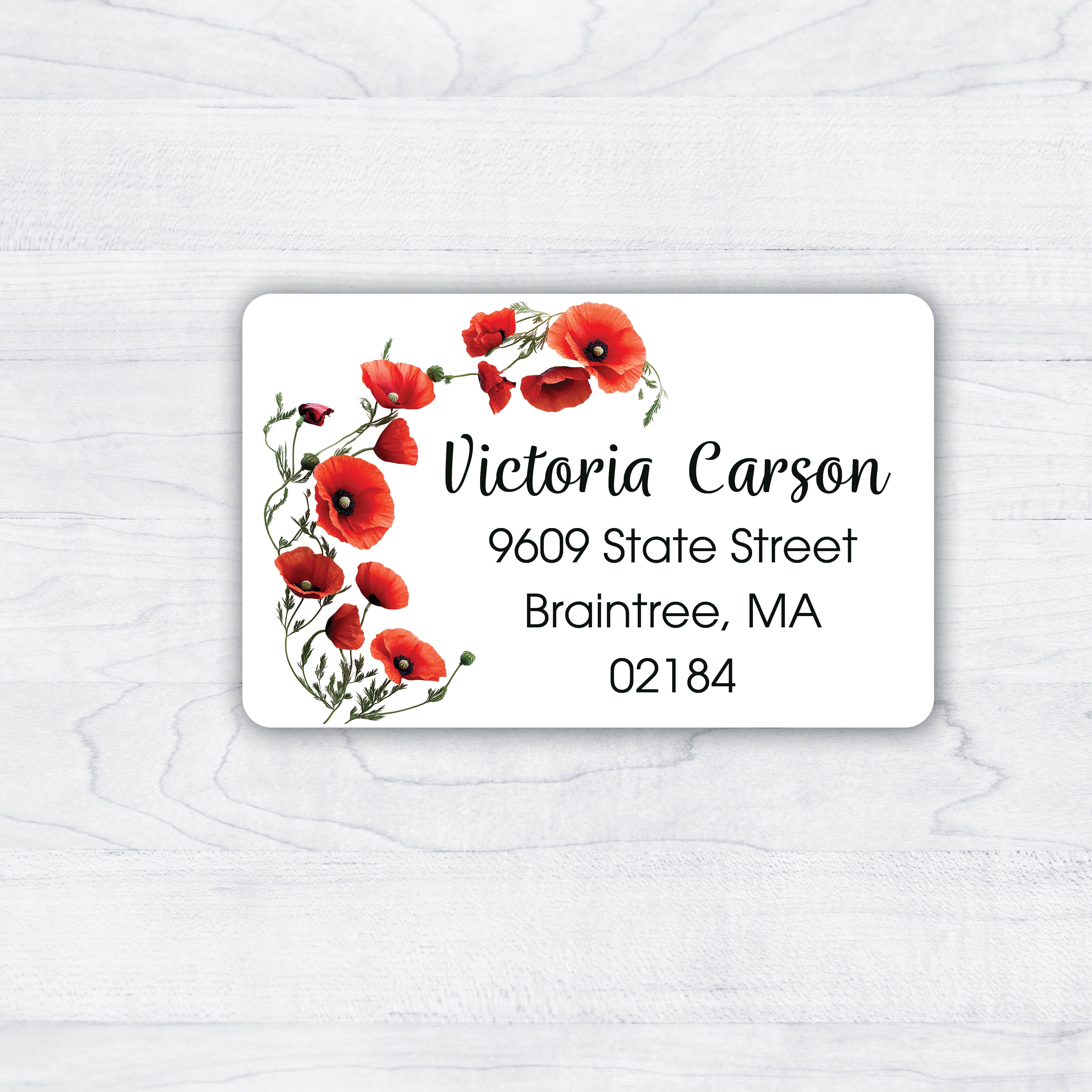 return address labels with red poppies and script font