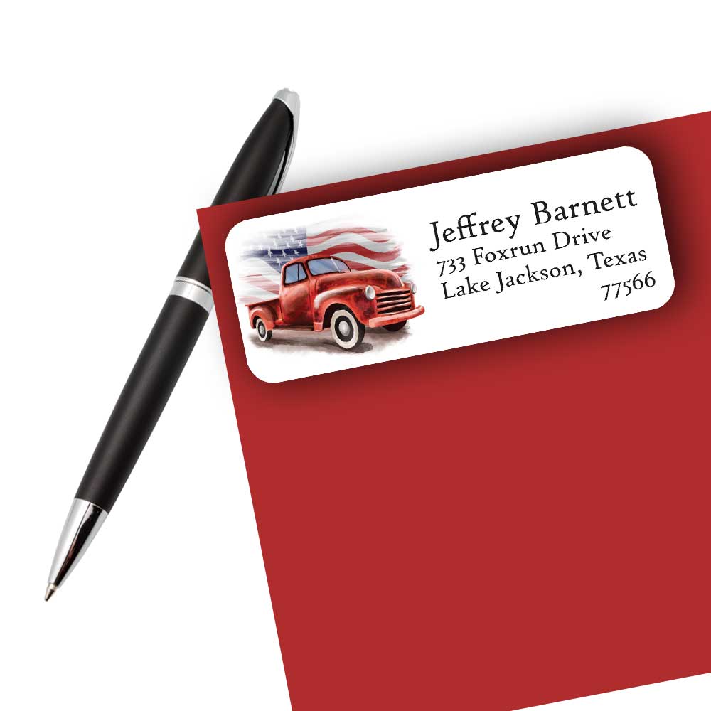 Red Truck American Flag Return Address Labels