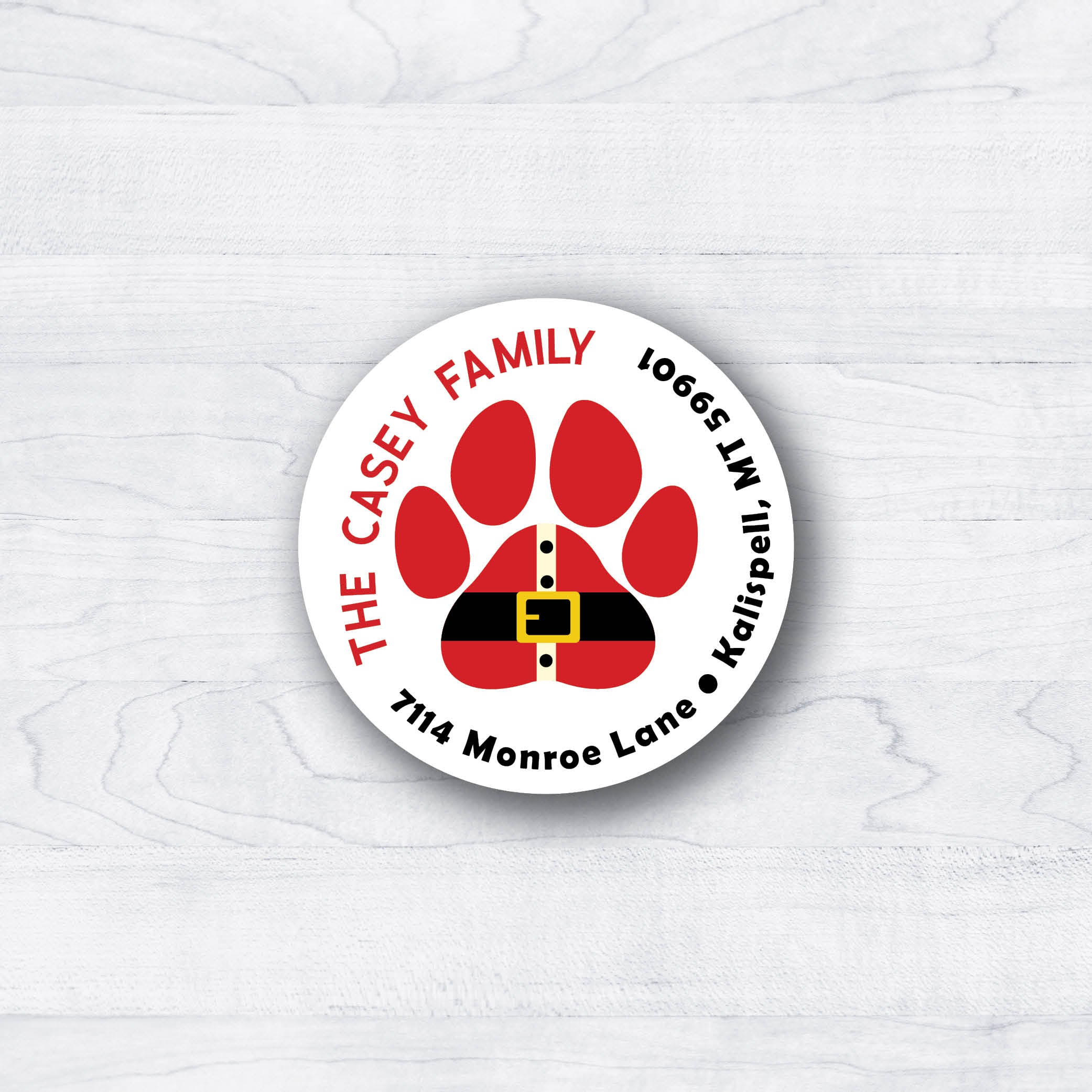 Santa Paws Return Address Circle Label Dog themed red for Santa