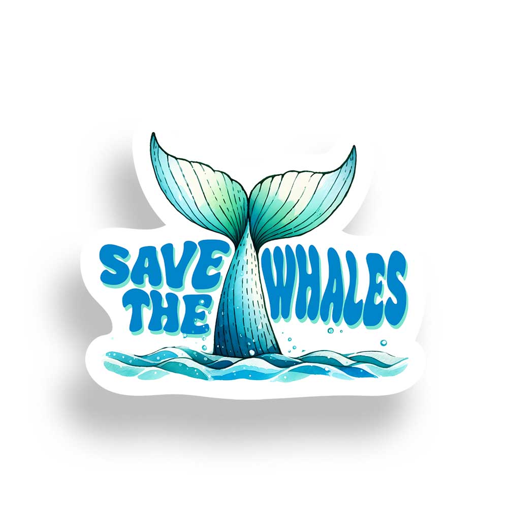 Sticker with whale tail design and 'Save the Whales' text on a white background