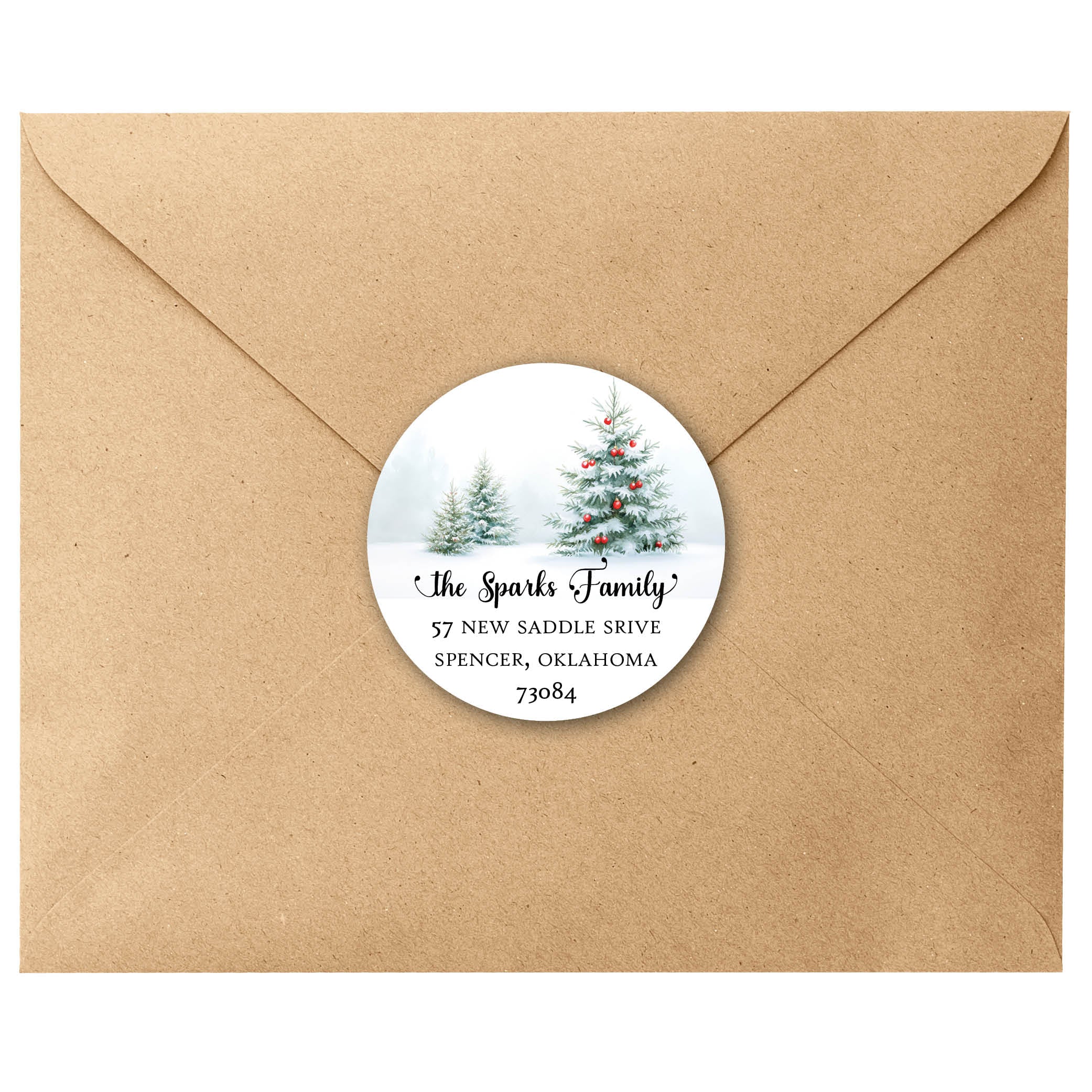 Snowy Scene Christmas Tree Round Return Address Labels