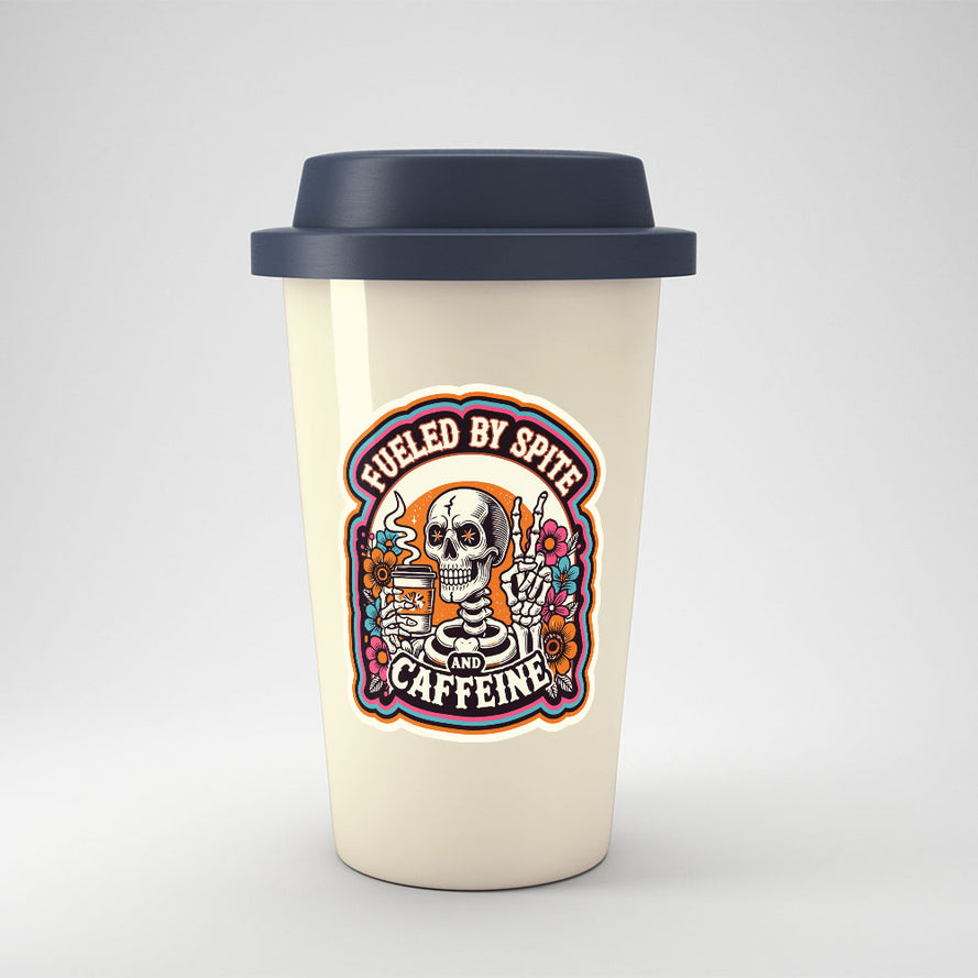 Fueled by Spite & Caffeine Halloween Vinyl Decal, Weatherproof for Laptop, Car, Water Bottle Locker Coffee Lover